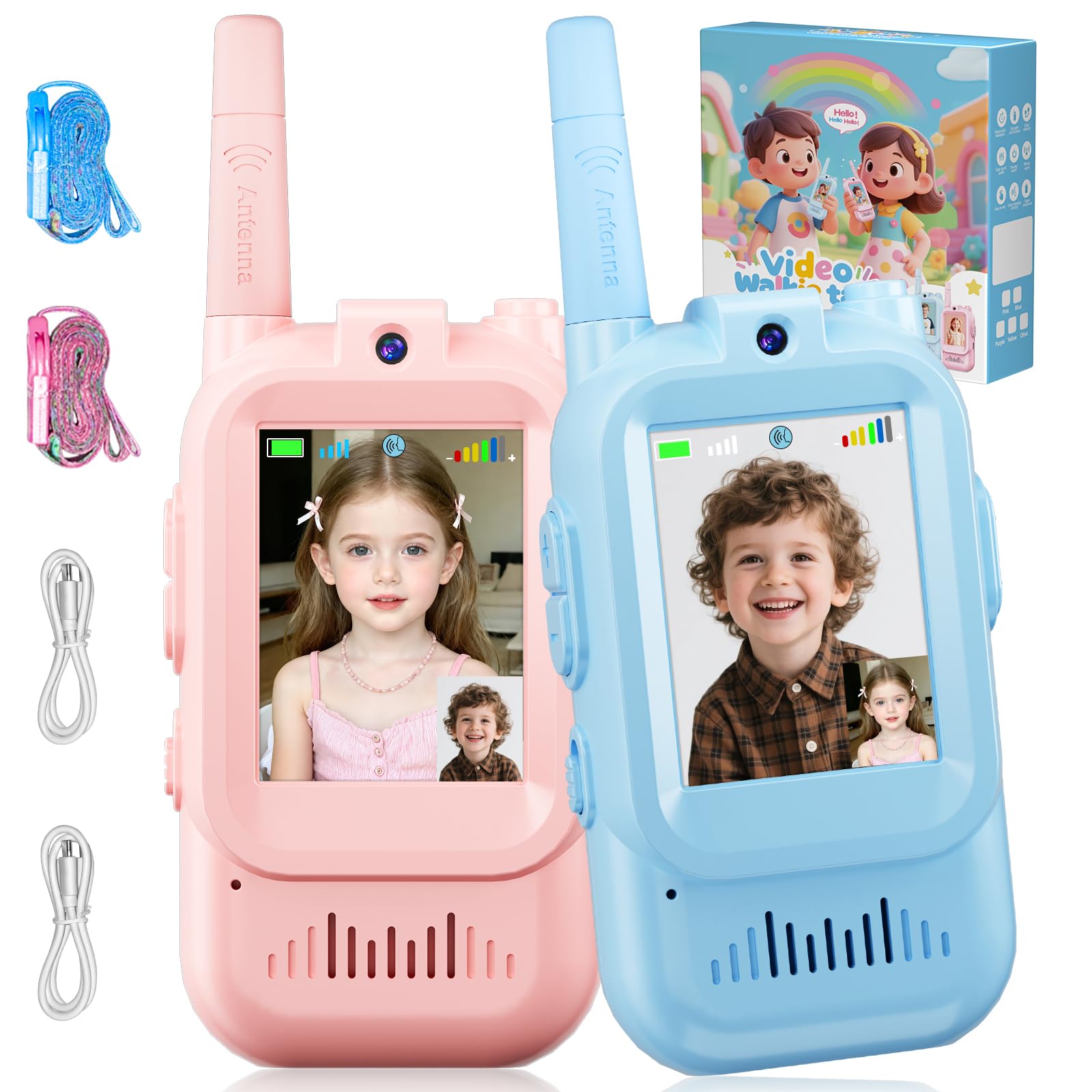 Dr. RiaoRiao Walkie Talkies for Kids, Video Walkie Talkies 5 6 7 8 Girls Birthday Presents, Kids Toys for 3-12 Girls Boys USB Rechargeable 4 Voice Changing Sensory Toys for Autism Girls (Pink+Blue)