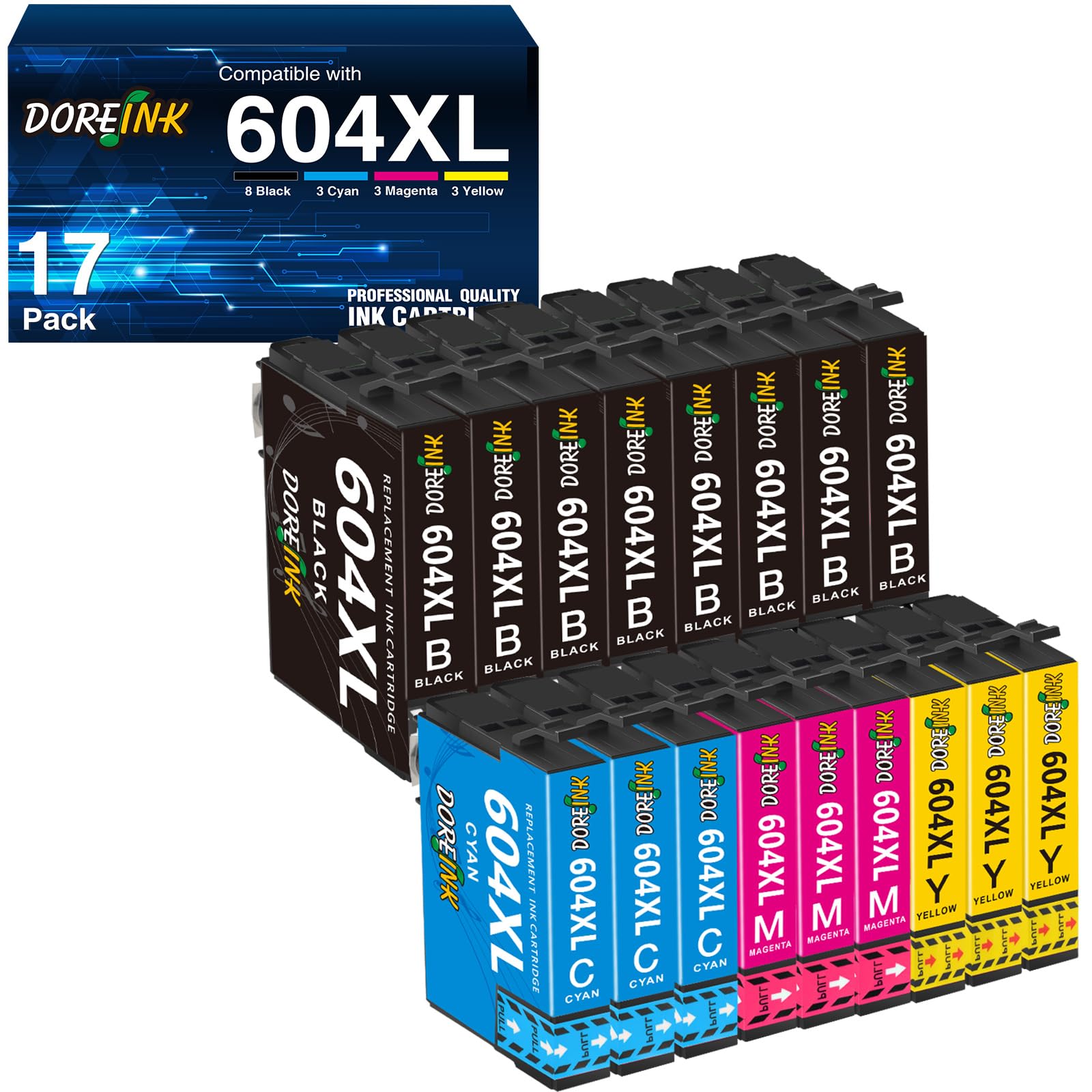 DOREINK 604 XL Druckerpatronen Kompatibel 604XL Patronen für Epson 604 Patronen Multipack für Expression Home XP-3200 XP-4200 XP-2205 XP-3205 XP-4205 XP-2200 Workforce WF-2910 2930 2935 2950 (17-Pack)