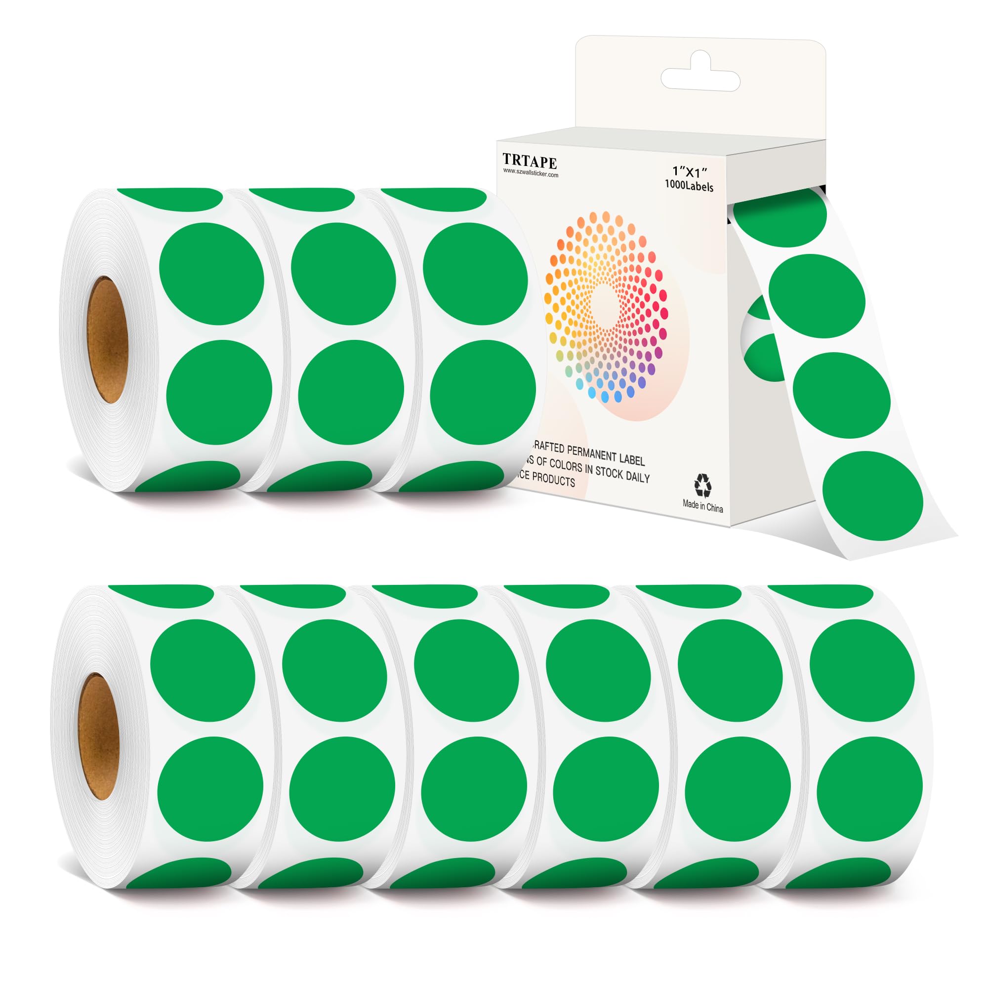 Etiquetas redondas de puntos de codificación de colores verdes de 1 pulgada, 10 rollos de calcomanías de 10000 puntos en caja dispensadora, adherencia permanente, colores vibrantes, altamente visibles