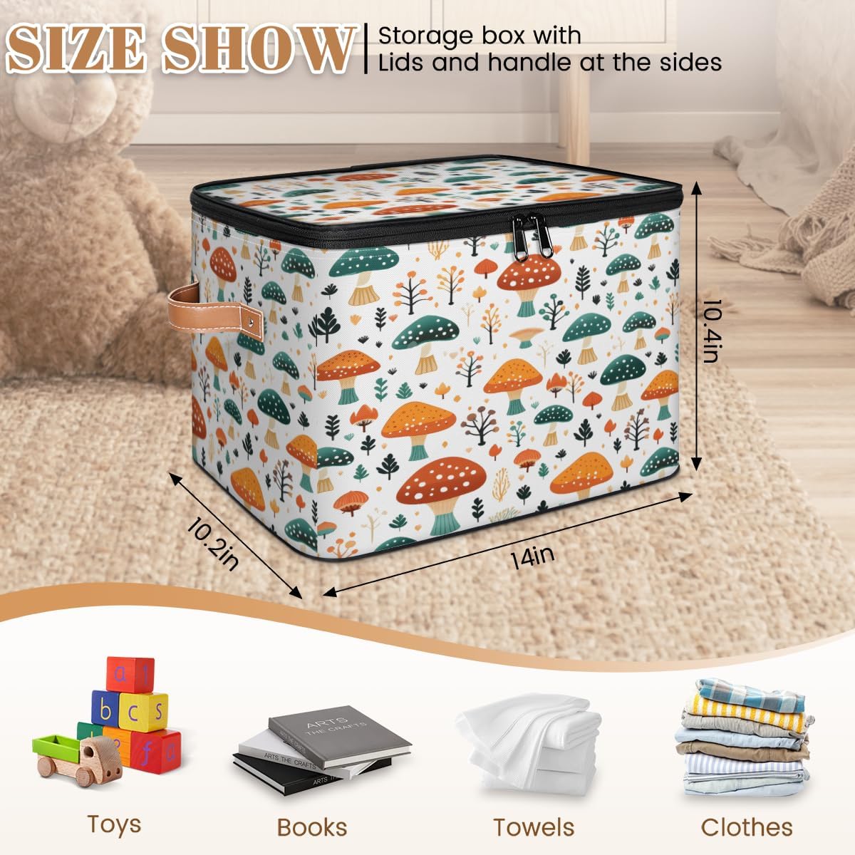 Storage Bin Set of 2 Colorful Mushroom Storage Basket with Zipper Lid & Handle Foldable Closet Shelf 2 Pack Cloth Organizer Basket Cube Bins Clothes Organizer for Bedroom, Nursery