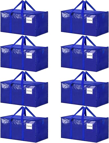 8 Pack Extra Large Heavy Duty Moving Bags, Blue Storage Bins with Lids, Reinforced Handles & Heavy-Duty Zippers Moving Boxes Storage Bags Totes for Clothes Packing, Dorms, College Supplies, Blue
