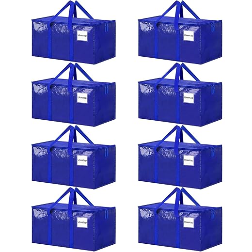 8 Pack Extra Large Heavy Duty Moving Bags, Blue Storage Bins with Lids, Reinforced Handles & Heavy-Duty Zippers Moving Boxes Storage Bags Totes for Clothes Packing, Dorms, College Supplies, Blue
