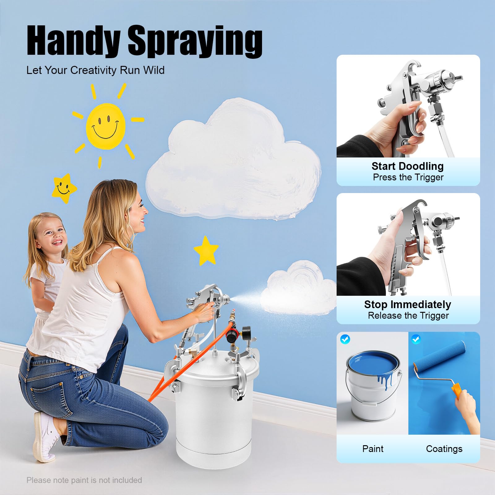 Contenitore a pressione 10 l con pistola a spruzzo per vernice, ugello da 3 mm, sistema Air Paint Spray per pittura da parete e vernici industriali, pressione regolabile con manometro e valvola di