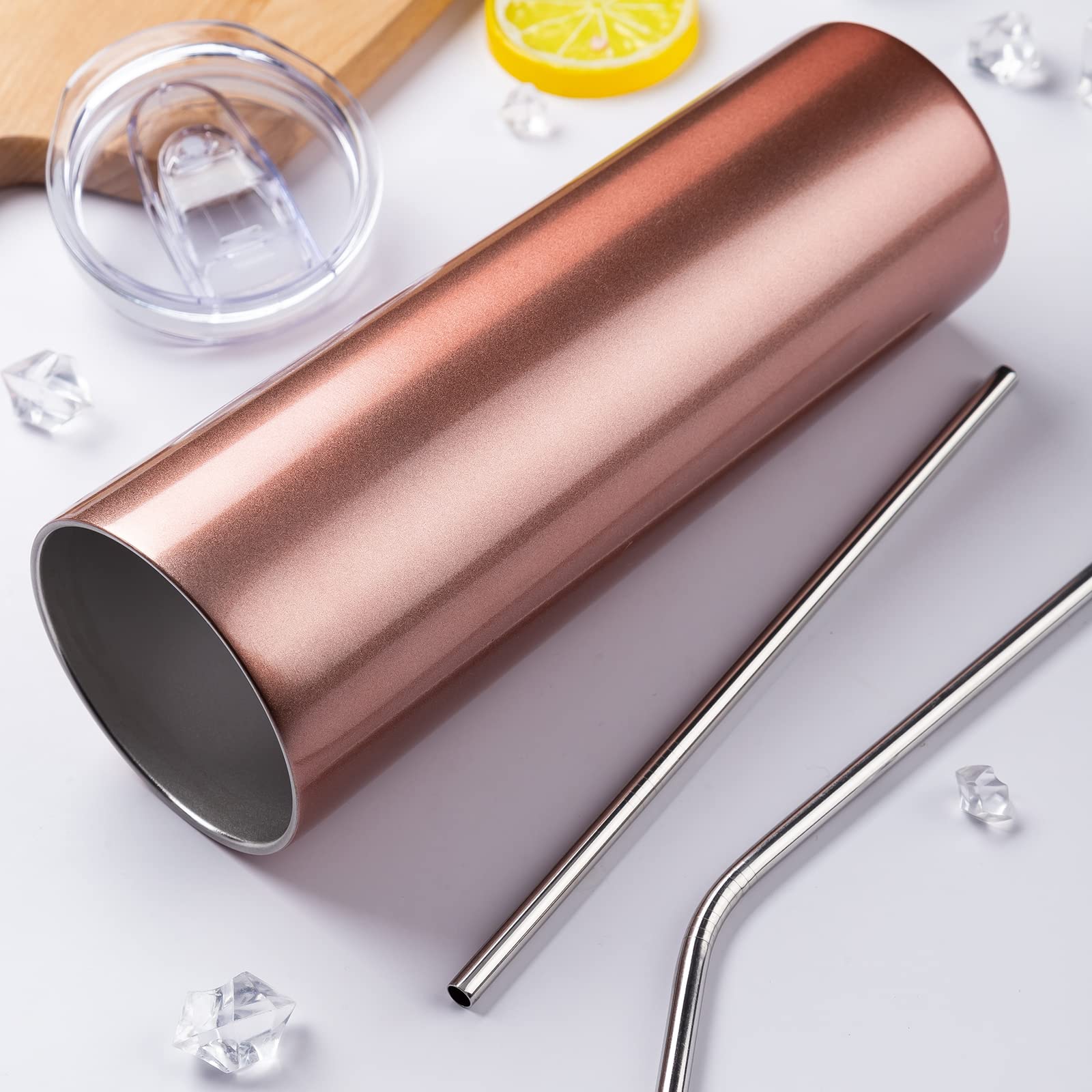 Skinny Reisebecher, 590 ml, 4 Stück, Edelstahl, schmale Trinkgläser mit Deckel, Strohhalm, doppelwandig, isoliert, schmal, für Kaffee, Wasser, Tee, Roségold