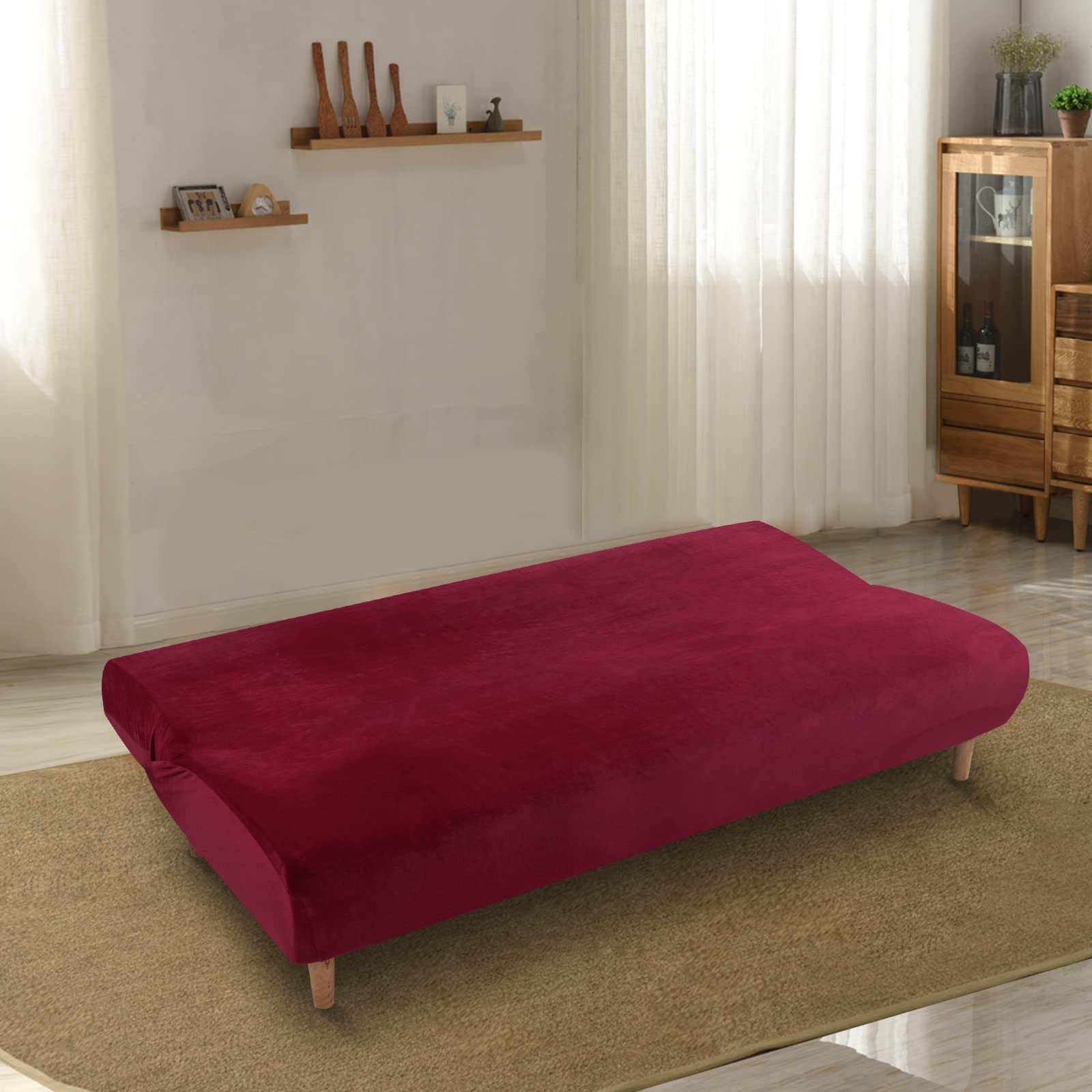 Lydevo Copridivano 3 Posti Senza Braccioli Elasticizzato Universale, Copridivano Letto Pieghevole Clic Clac Lavabile Rimovibile Estraibile, Fodera per Divano Futon per Soggiorno Casa,Samt Vino Rosso
