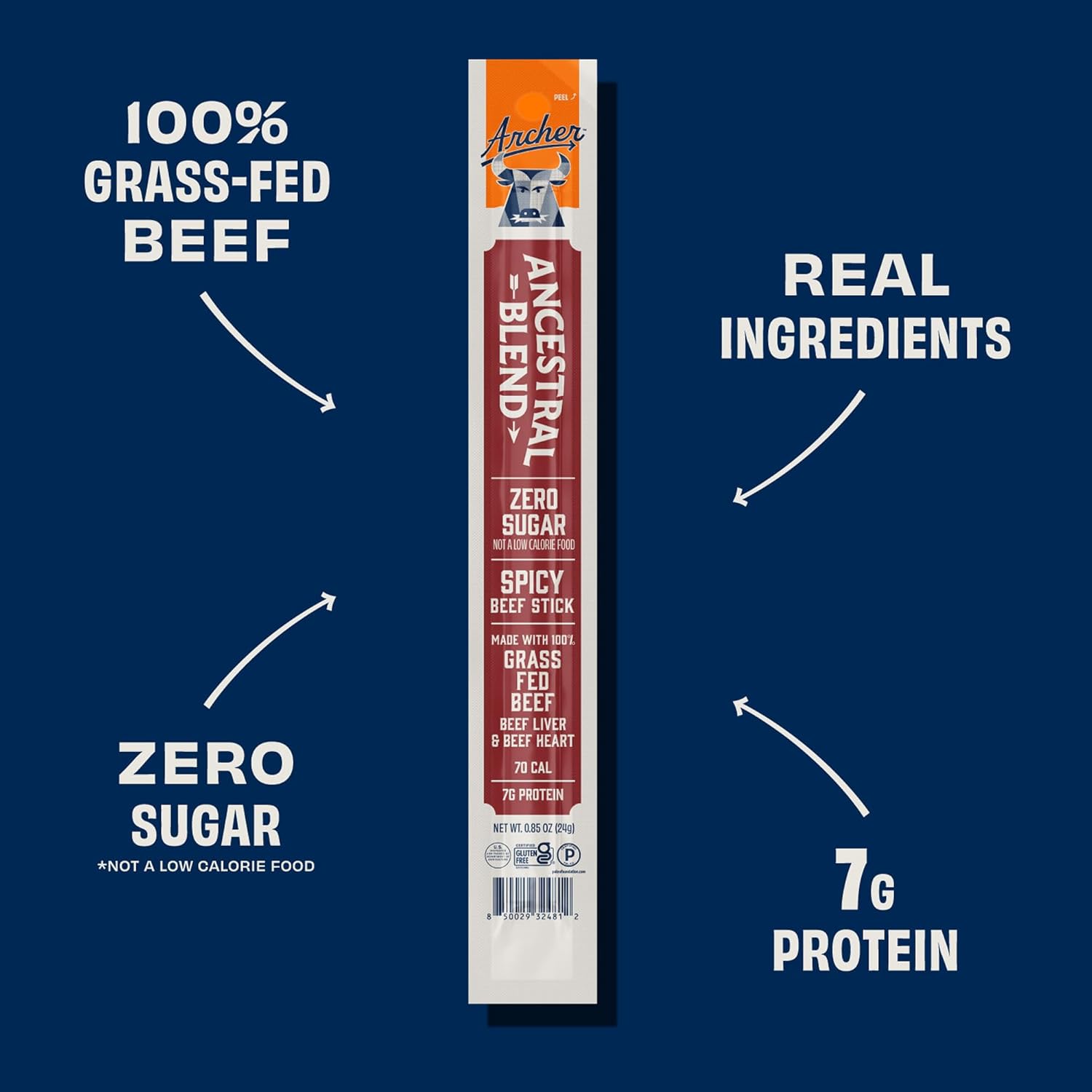 Country Archer Ancestral Beef Jerky Sticks - Grass Fed Beef Sticks Individually Wrapped, Sugar Free Meat Snack Bulk, Gluten Free, Paleo, Keto, 7g Protein Each - 1 oz, 9 Original, 9 Spicy (Pack of 18)
