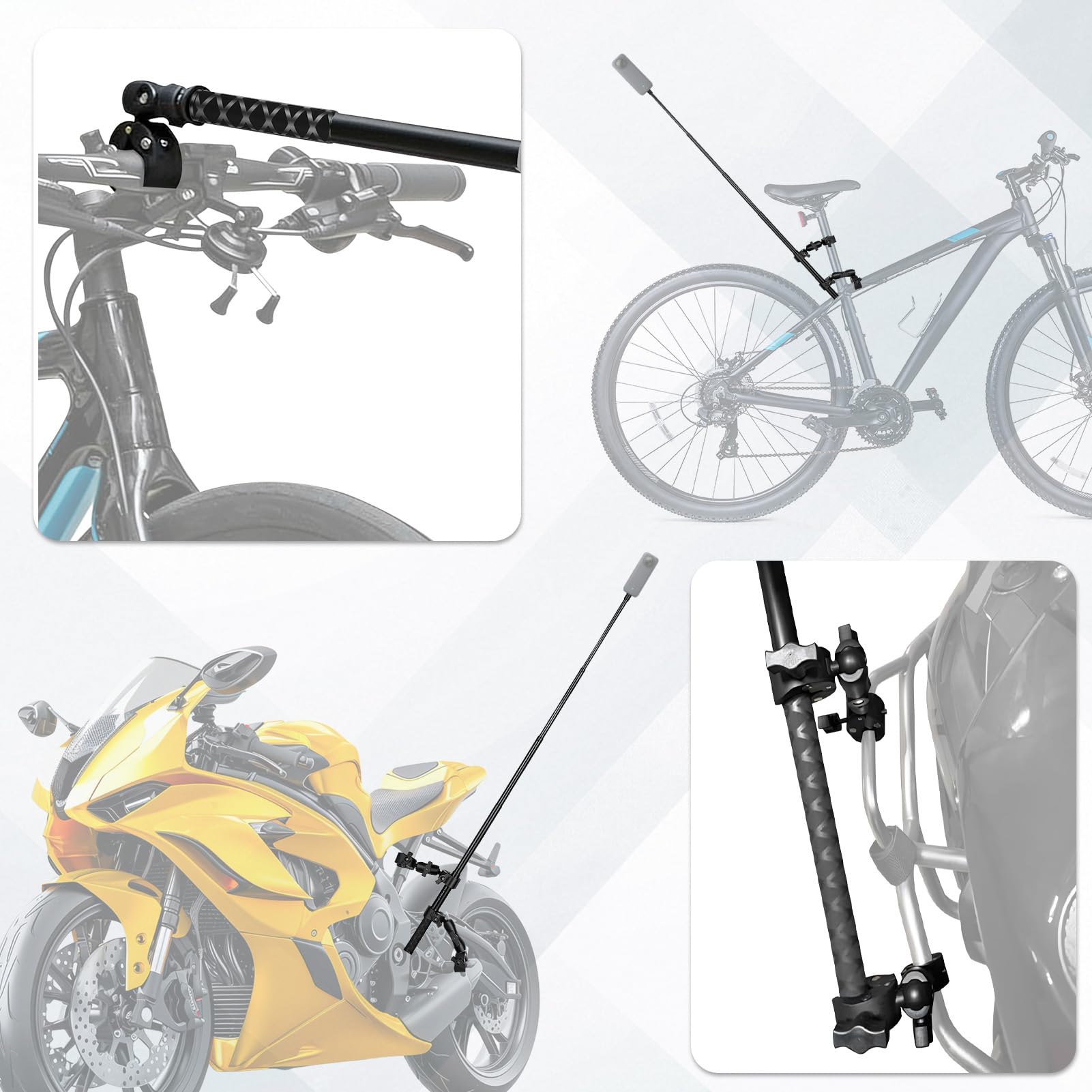 Uchwyt na kierownicę motocyklową, 120 cm, kijek do selfie, podwójny zacisk, regulowany, kompatybilny z Insta 360 X4 X5 X3 X2 Ace Pro One RS DJI Action 3 4 5 Pro Osmo 360 Hero Max