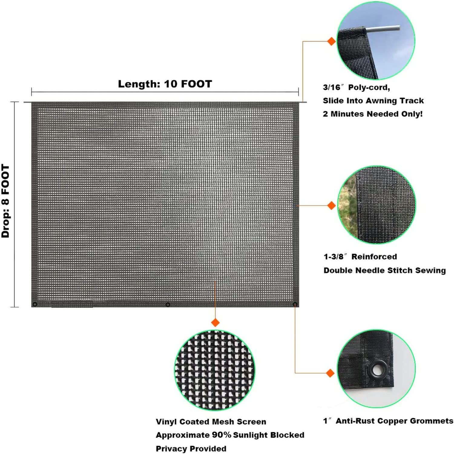 PACEWALKER Wohnmobil View Blocker Sonnenschutz,Vorderwand für Markise,2.45 m x 3.75 m Universeller RV Markisen Sichtschutz Vorderwand Bildschirm mit kompletten Kits