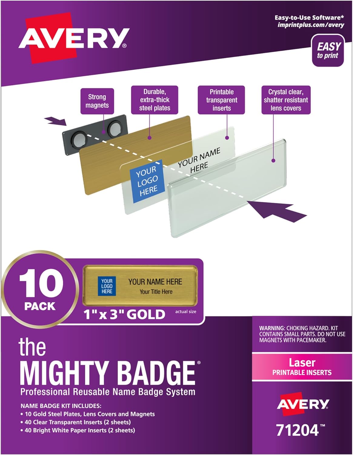 Avery Reusable Magnetic Professional Name Badge System, 1" x 3" Gold Name Tags, 50 Identification Badges, 120 Laser Printable Inserts, Design Software Included (71207)