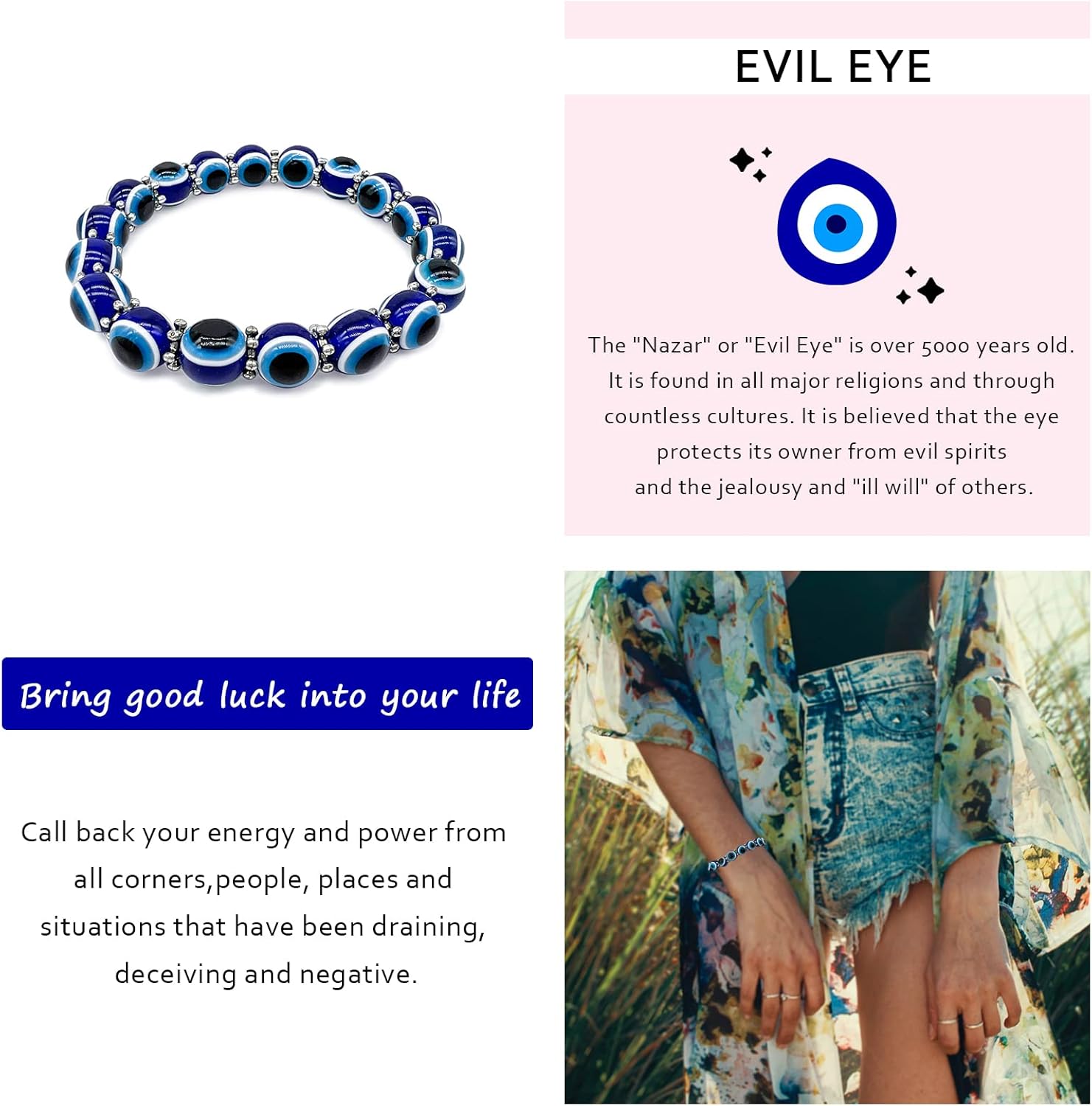 Evil Eye Bracelets for Men Women Good Luck Bracelet for Protection Handmade 10mm Turkish Blue Eye Bead Stretch Bracelet Teen Girls Boys - Image 3