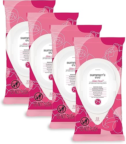 Summers Eve Paños de limpieza equilibrados de pH probados por dermatólogos y ginecólogos flores transparentes 32 unidades paquete de 4