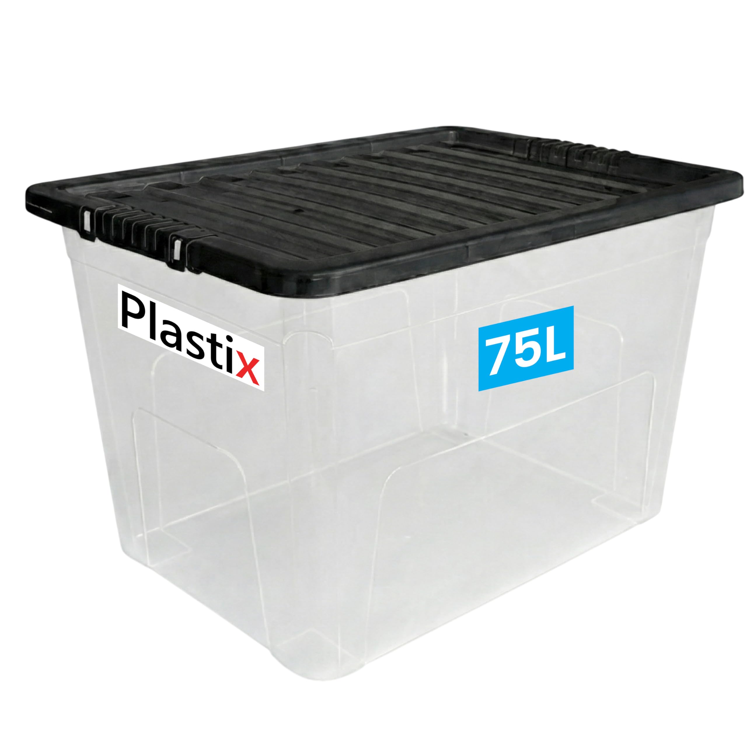 Plastix Clear Plastic Storage Box Boxes With Black Lids Home Office Stackable UK Made (1, 75L)