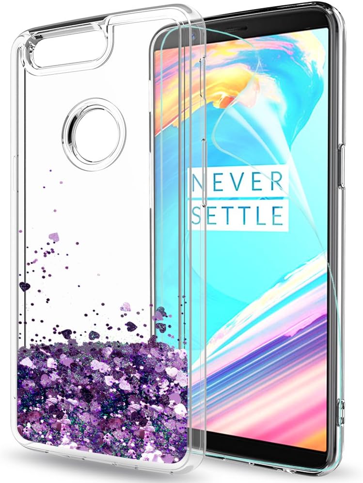 OnePlus 5T Glitter Case with HD Screen Protector for Girls Women,LeYi Cute Design Shiny Bling Moving Quicksand Clear TPU Protective Phone Case Cover for OnePlus 5T ZX (Purple)
