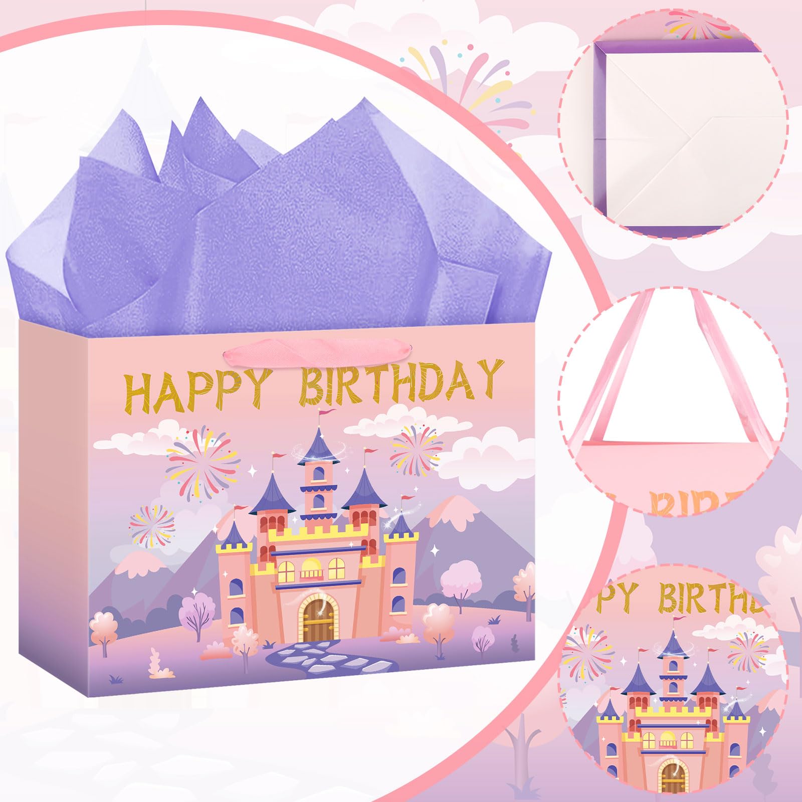Hooqict Large Princess Gift Bag Birthday Gift Wrap Bag with Ribbon Handles, Tissue Paper, Greeting Card for Kids Girls Women Castle Princess Birthday Party Decorations Favor (Pink and Purple)