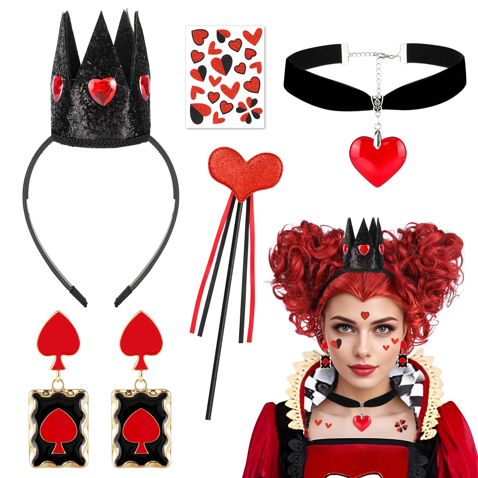 Beipegin 5PCS Queen of Hearts Accessories Set, Crown Headband Earings Necklace Wand Face Stickers, Queen of Hearts Costume Accessories Women Girls for Halloween Carnival World Book Day Cosplay Party