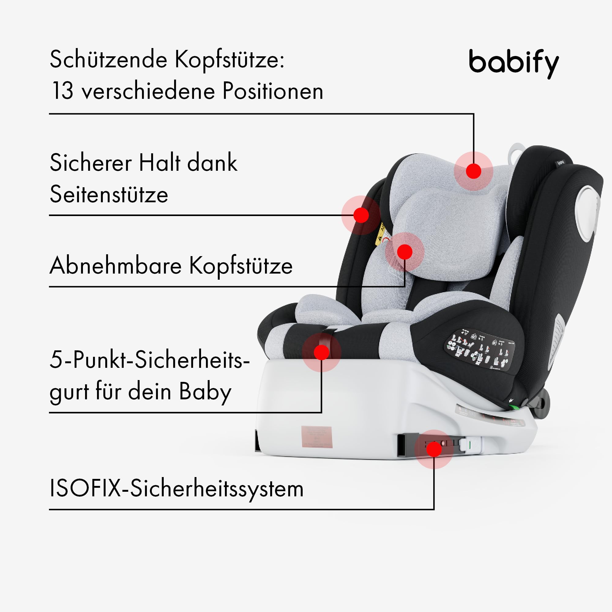 Babify Onboard, Autositz Isofix für Babys und Kinder, 0 Monate - 12 Jahre, 40-150cm, 360°drehbar, tragbarer und sicherer Sitz i-Size ECE R129 Grau
