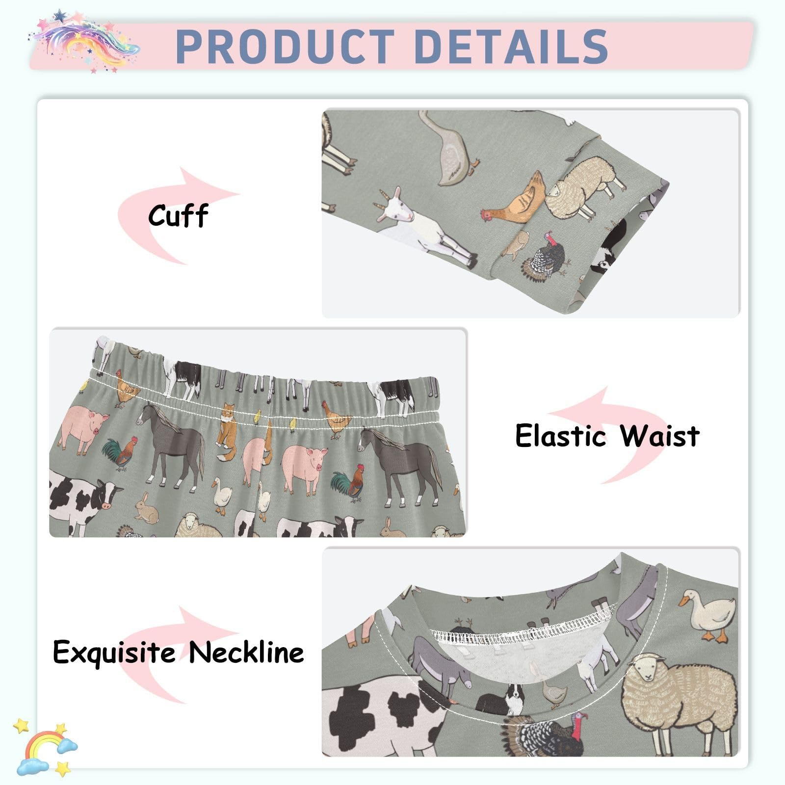 Mnsruu Pigiama per bambini con animali della fattoria con top e pantaloni a maniche lunghe, comodo pigiama in cotone per ragazzi e ragazze, pigiama unisex, 18 M