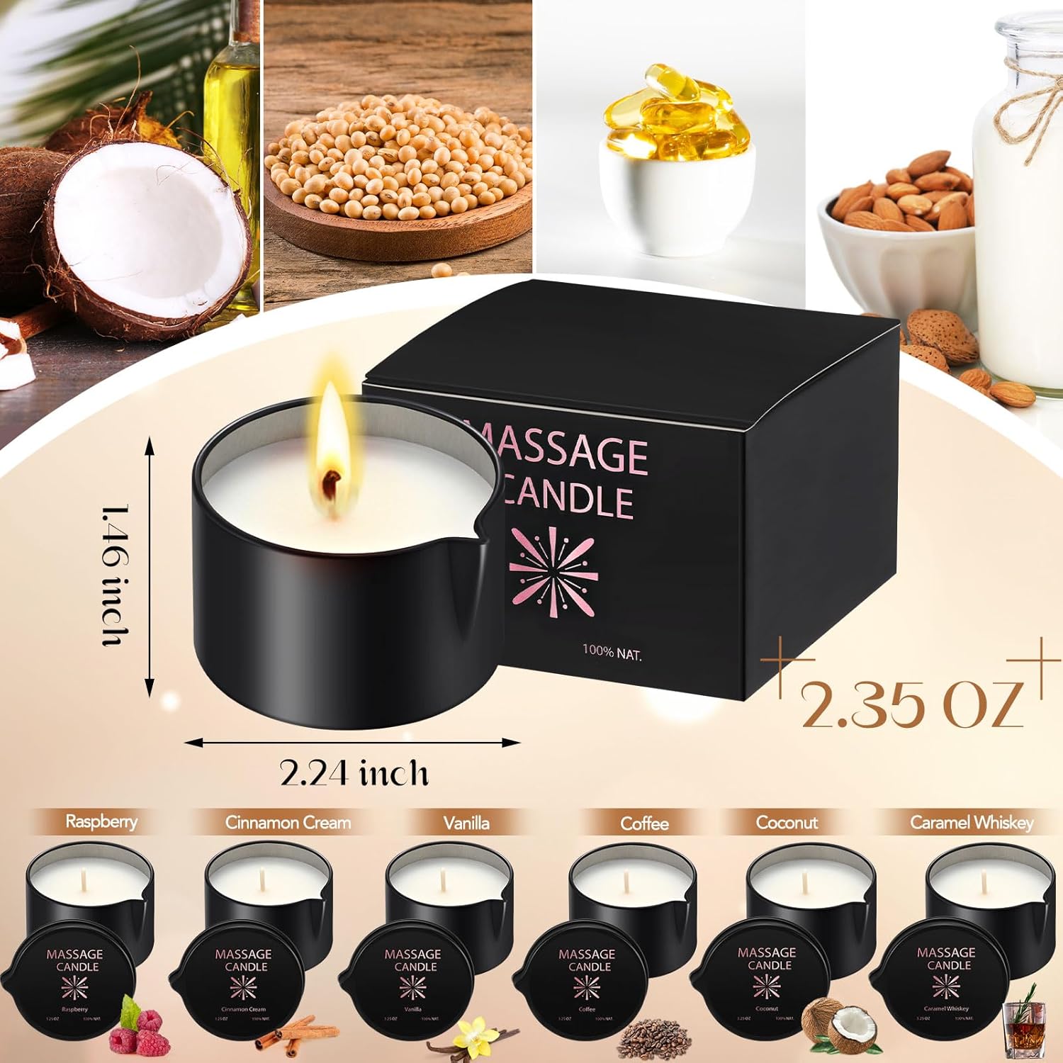 Nuanchu 6 Pcs 2.35 oz Massage Oil Candle, Ignite Low Temp Scented Body Oil Candles for Massage Therapy Soy Based Mother's Day Home Gift Spa Use, 6 Scents - Image 3