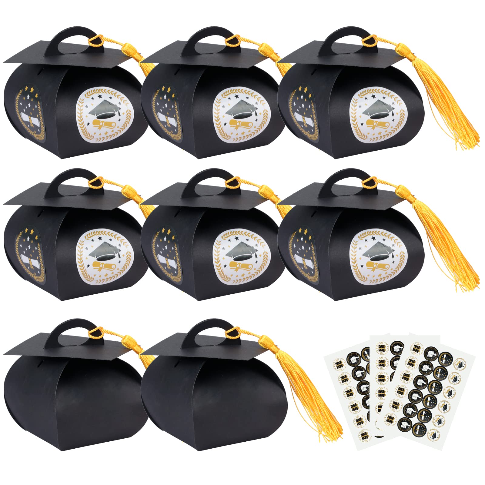 DKINY Graduation Candy Boxes 36 Pcs Doctoral Cap Shaped Gift Boxes Grad Cap Candy Boxes with Yellow Tassel and Stickers for Graduation Ceremony Party Supplies