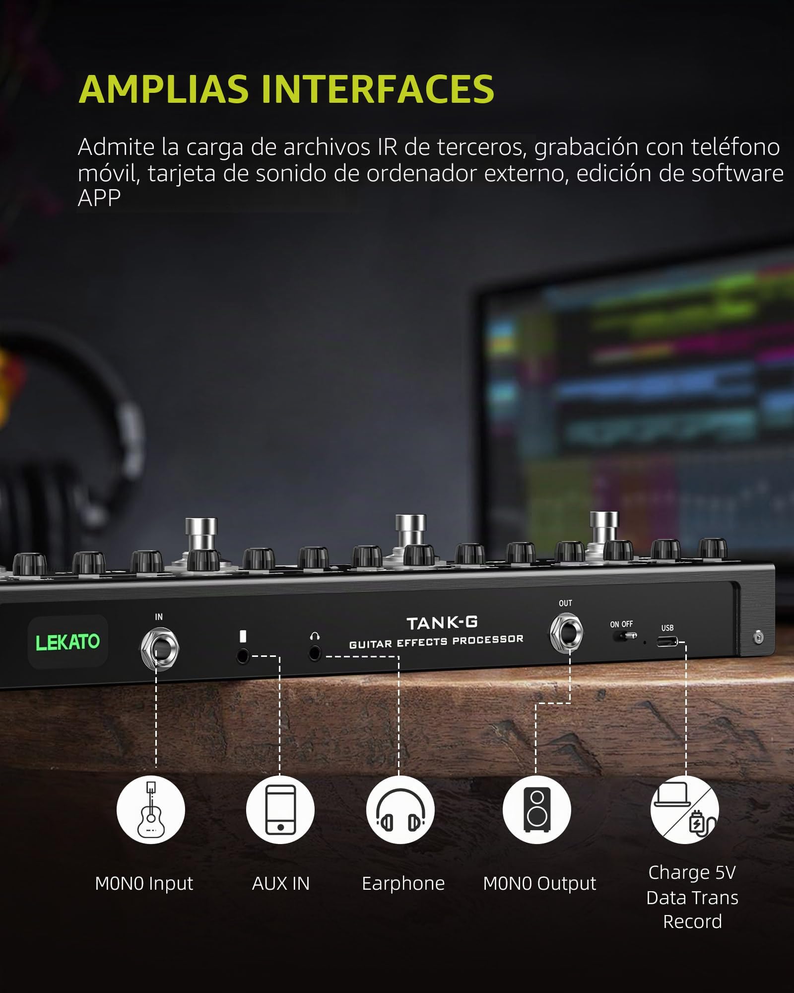 LEKATO Pedal de guitarra multiefectos con 36 presets modificables, coro, delay, reverberación, MOD, carga IR, grabación, batería integrada y conexión BT