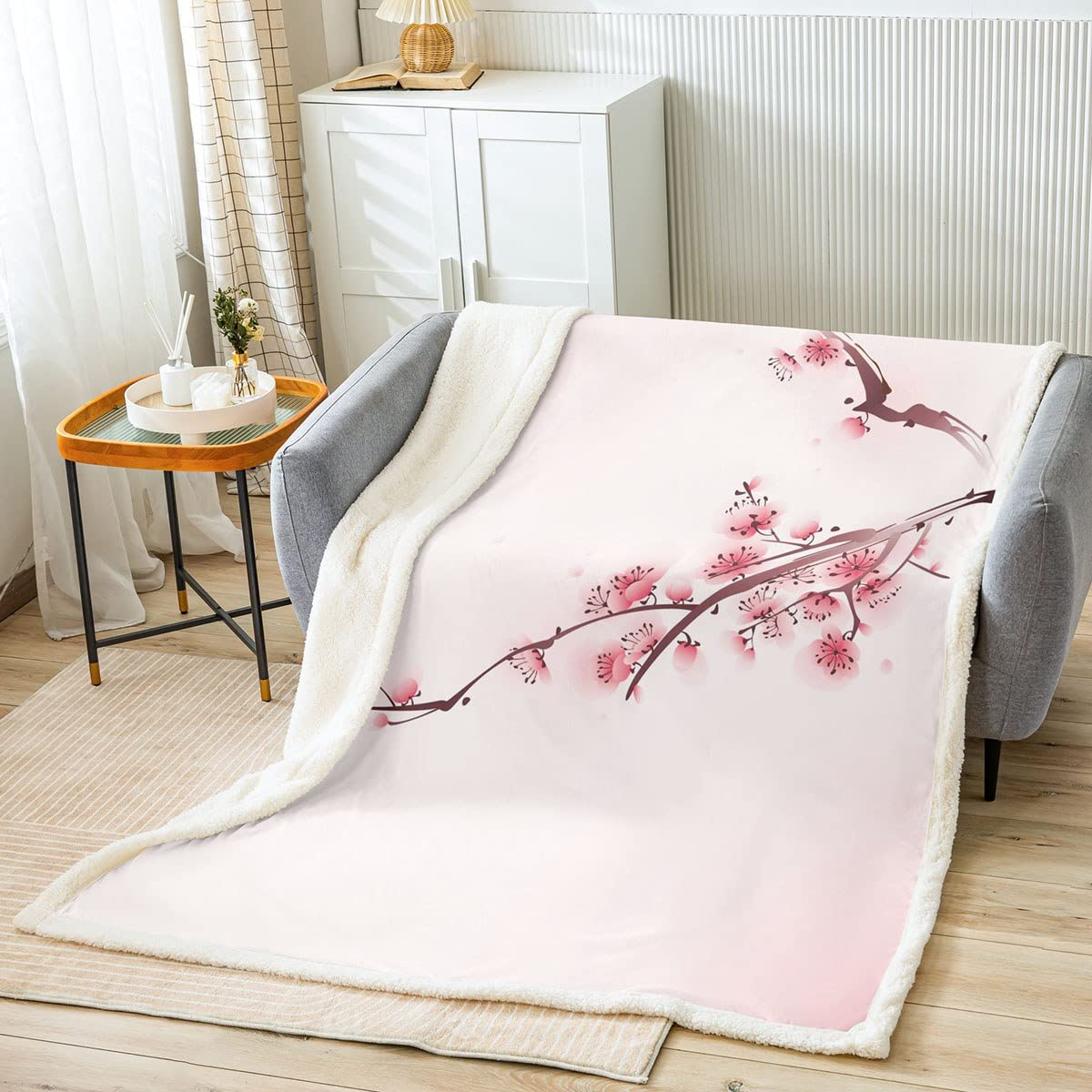 Homemissing Girls Multicolored 3 Cherry Blossoms Fuzzy Blanket For Sofa Bed For Kids Teens Pink Y Sherpa Blanket Japanese Spring Fleece Throw Pale Pink Blossom Petal,Double 60X79 Inch