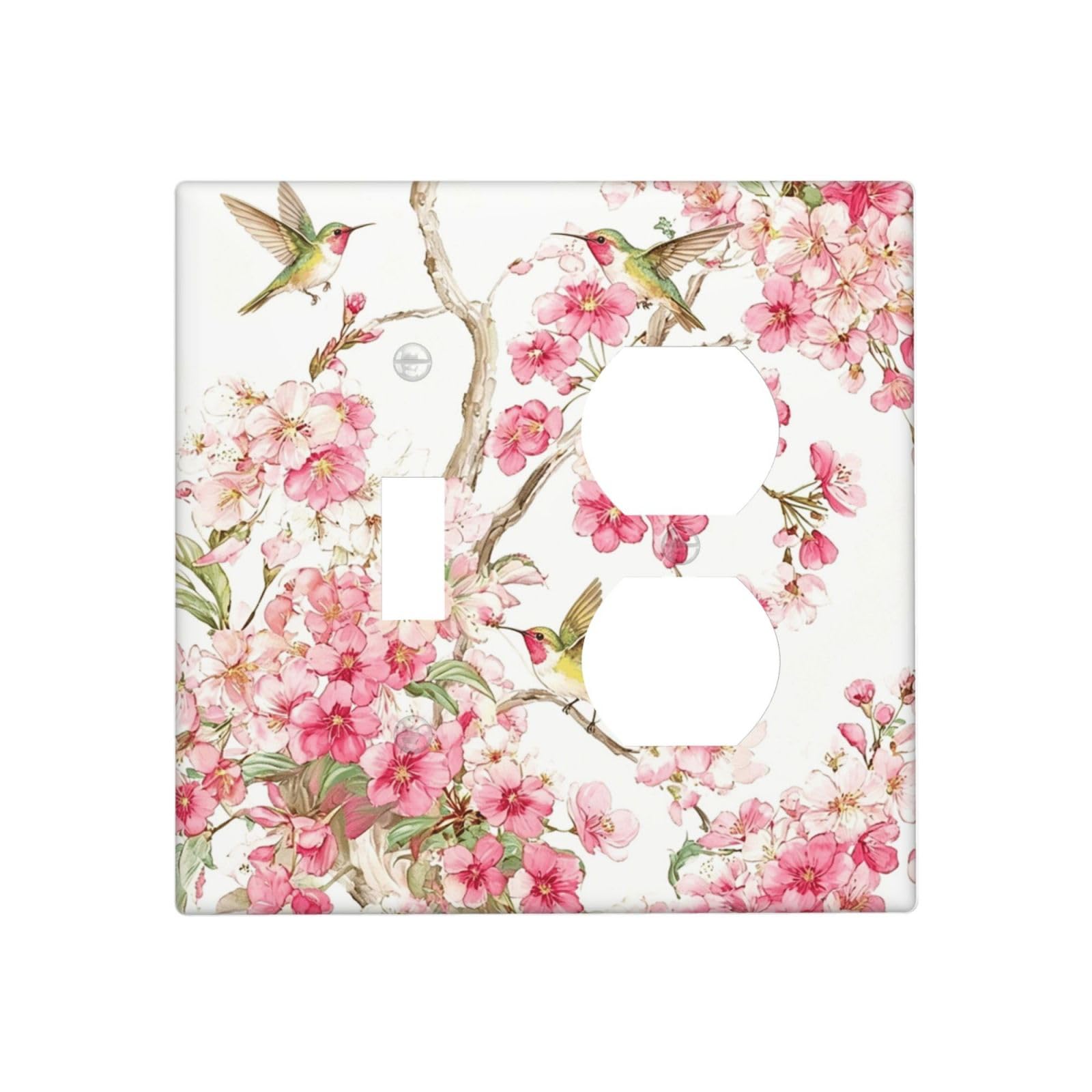 DWBGUO Decorative Outlet Covers Soft Watercolor Pink Cherry Blossom Hummingbird 2 Gang Wall Plate Single Toggle Duplex Combo Light Switch Covers Switch Plate Cover for Bathroom Home Decor
