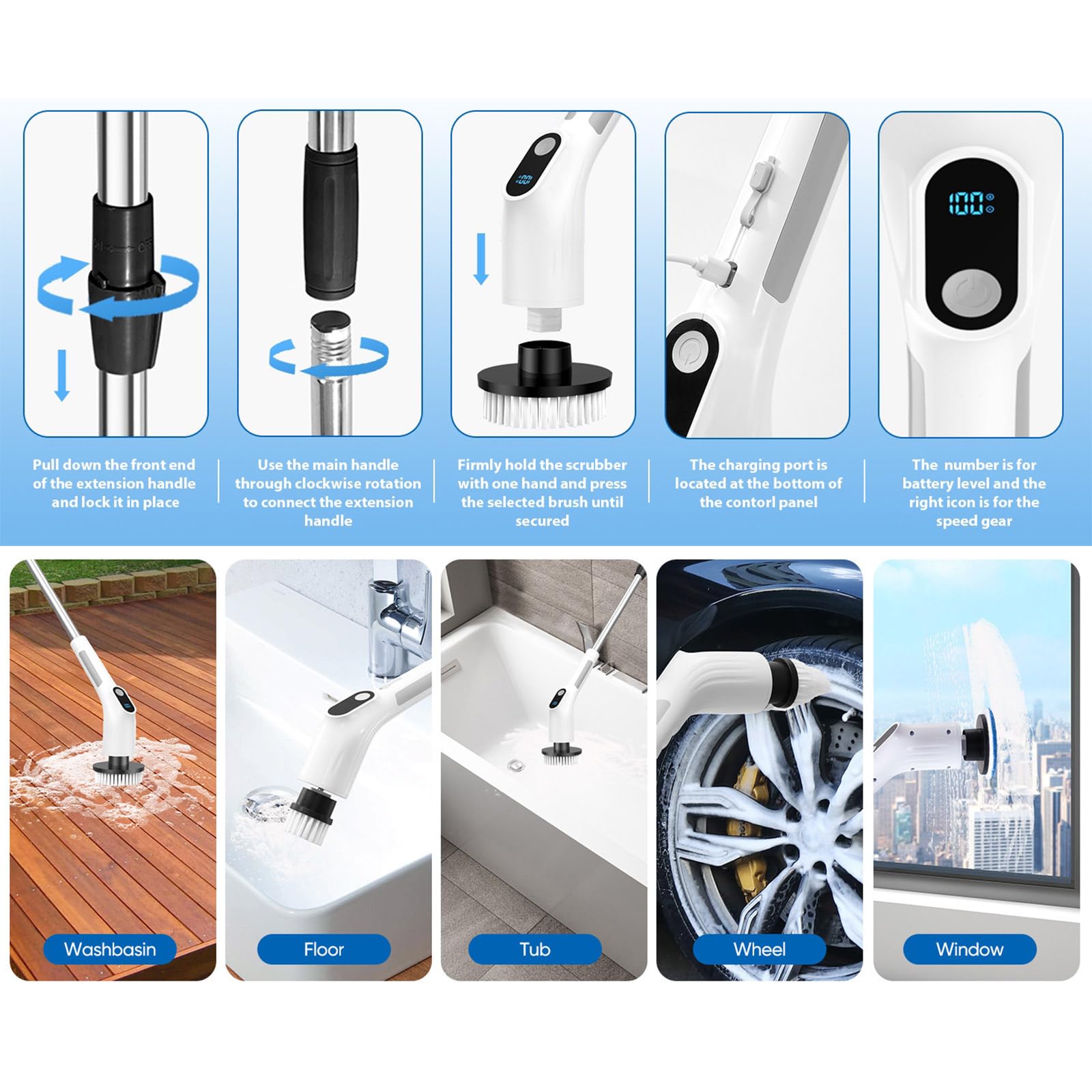Strumento 8 allegati 2 modalità di velocità estensibile IPX7 per piastrelle domestiche Scrubber bagno cordless per e vasche da bagno