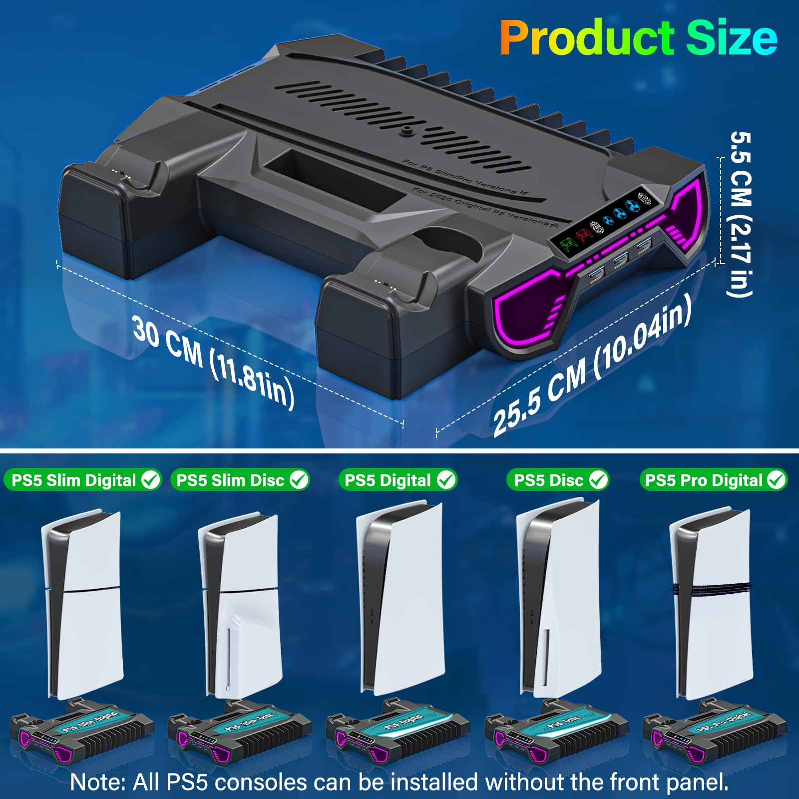 Stazione di raffreddamento PS5/Slim/Pro con stazione di ricarica controller per console Playstation 5 - Supporto RGB PS5 con caricabatterie controller, kit di accessori per supporto di