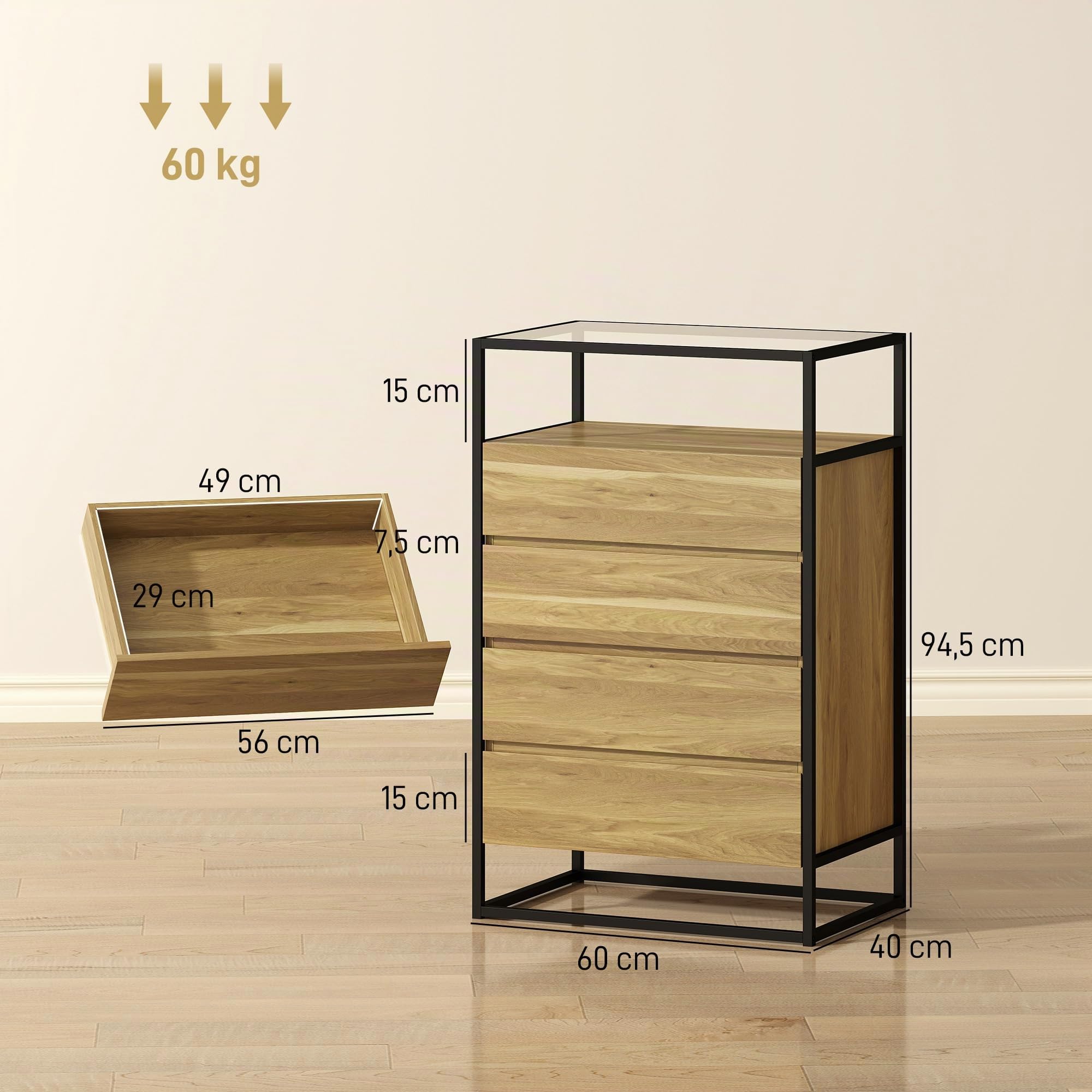 HOMCOM Cómoda 4 Cajones Superficie Vidrio Transparente 60x40x94,5 cm Teca | Estante Abierto, Cómoda Dormitorio, Estructura de Acero, Cajonera para Salón, Oficina