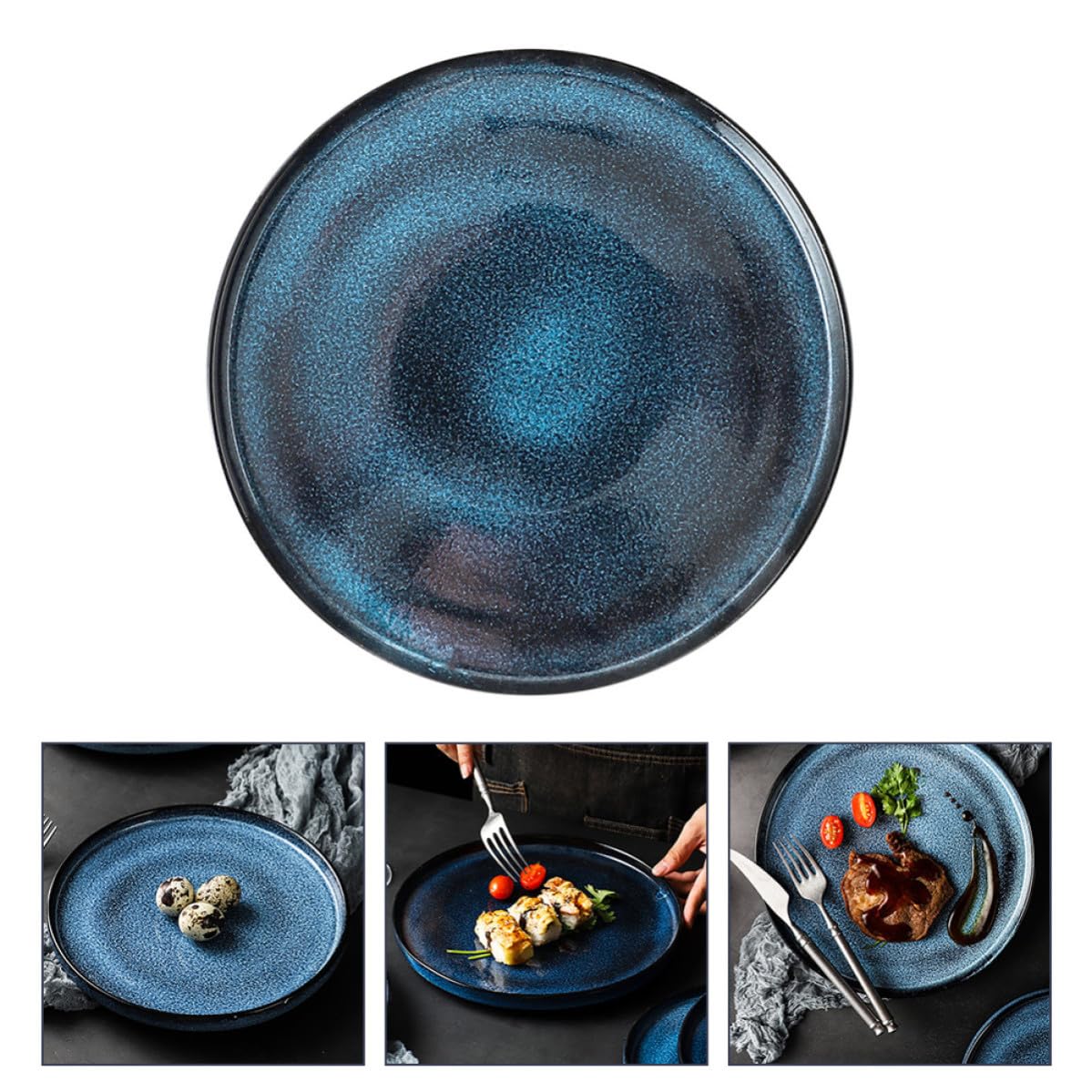 Zerodeko Plato Redondo de Cerámica Azul Borde para Carne y Aperitivos | Acabado Decorativo, Diseño Elegante, Superficie Lisa, Uso Multiusos para Mesa y Servicio Familiar