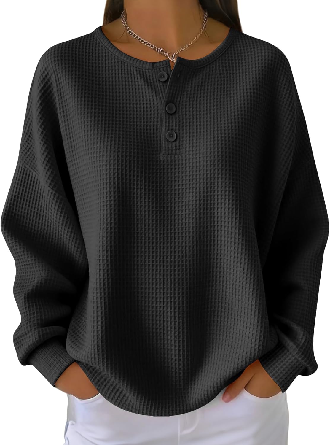 Women's Waffle Knit Sweater V-Neck Long Sleeve Pullover Loose Fit Casual Top with Button Detail