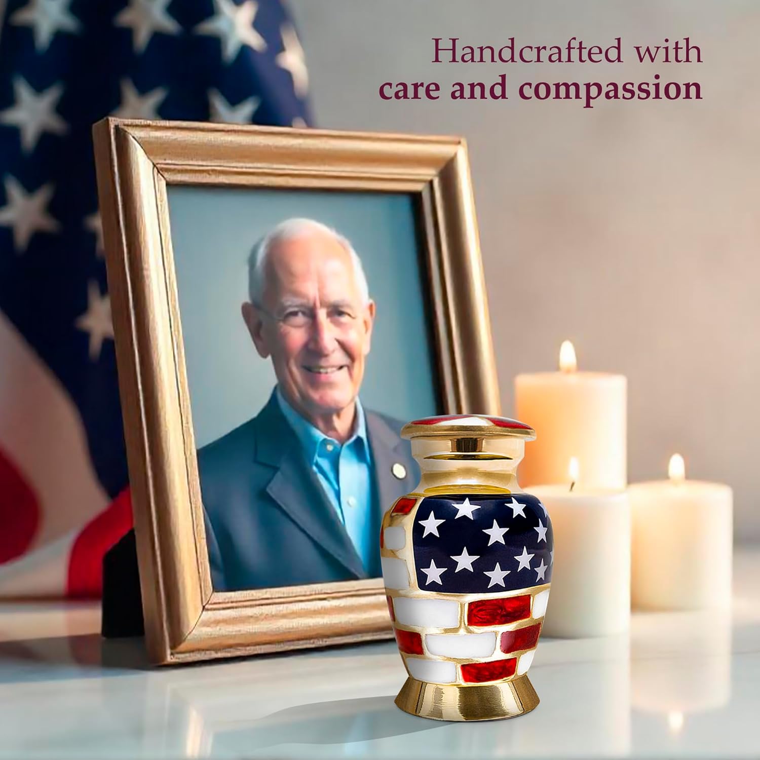 Trupoint Memorials Small Urns for Human Ashes Keepsake, Military and Patriotic Decorative Mini Cremation Urn for Veteran Adult Men and Women, Small Gold