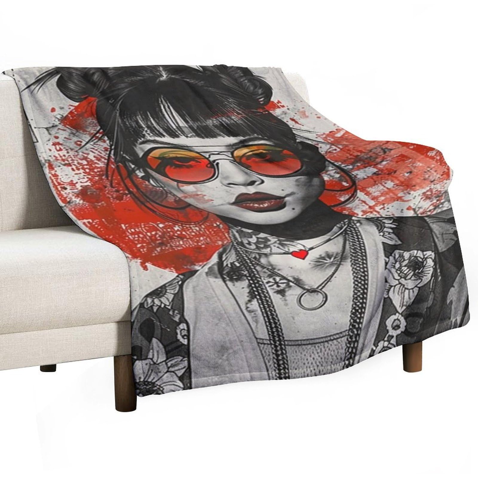 YHGSREUOH Ukiyo E Fusion Tattooed Asian Double Bun Girl 02 Flannel Blankets Fleece Soft Throw Lightweight Plush Gifts for Couch, Bed, Cozy Sofa Plush, Chair, Lovers 130x175cm(50x70in)