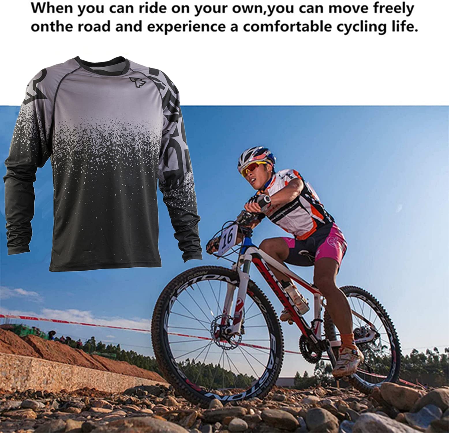 Homme Respirant Maillot Cyclisme, Manches Longues Vélo Jersey VTT Vêtements Séchage Séchage Rapide Cyclisme Tee Shirt