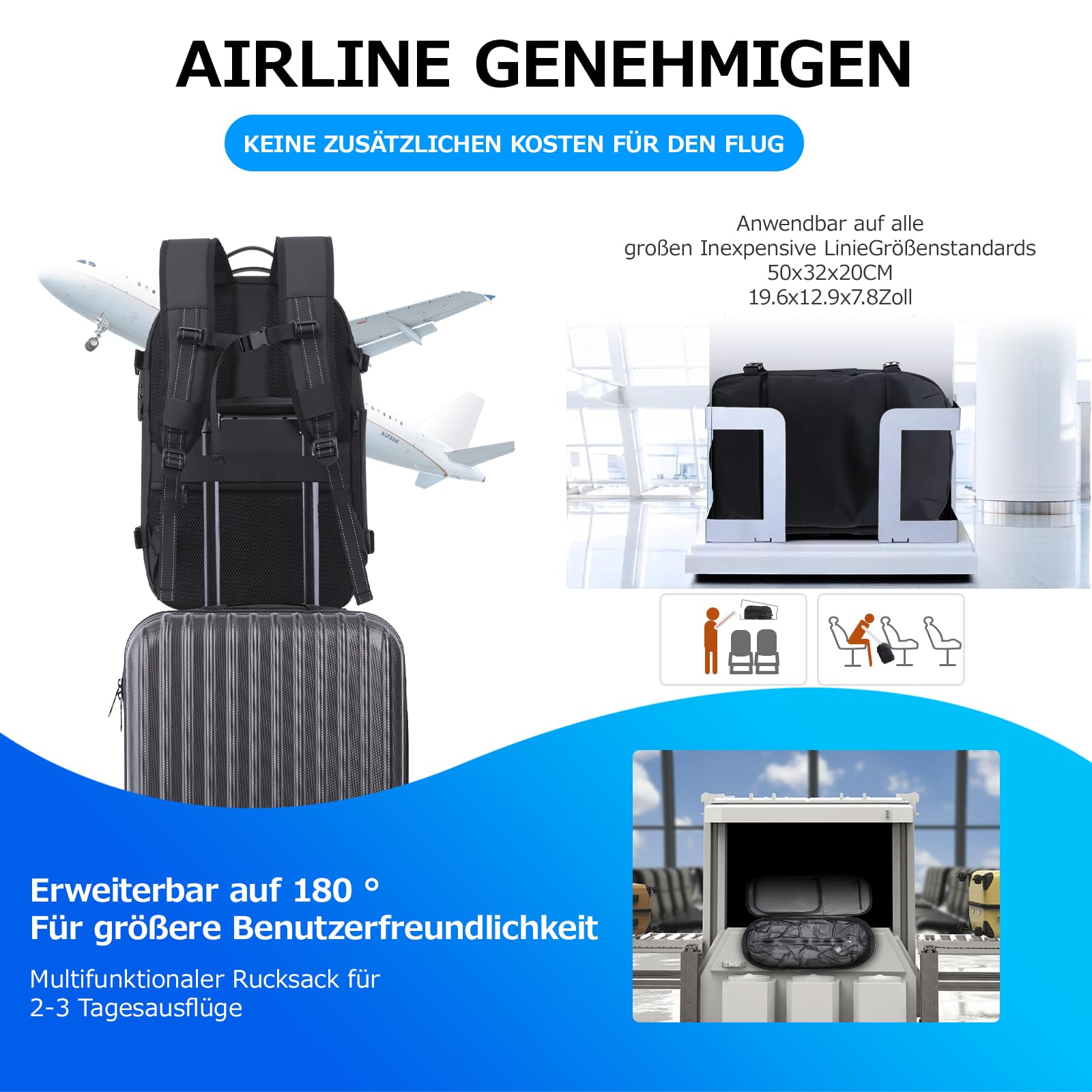 KINGSLONG Vakuum Rucksack Laptop Handgepäck: Herren Reiserucksack Flugzeug 17 Zoll PC Wasserdicht Backpack 60L Erweiterbarer Vakuum Tasche mit Pumpe und Sperre für Business Travel Männer