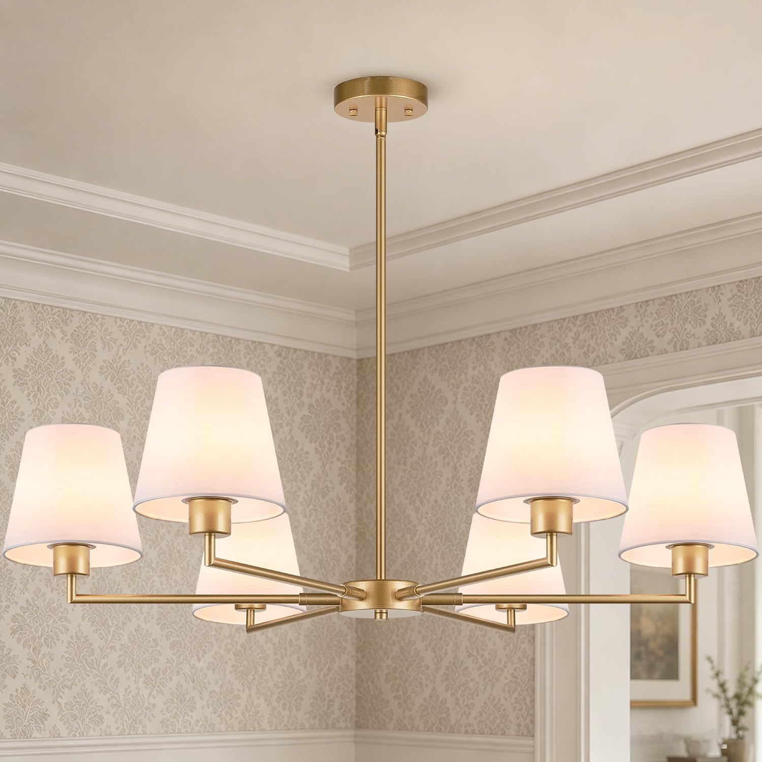 Photo 1 of Brass Gold Chandeliers for Dining Room, 36" 6 Light No Assembly Required Antique Modern Gold Chandelier Light Fixture with White Fabric Shade, Classic Kitchen Pendant Lights over Table for Bedroom