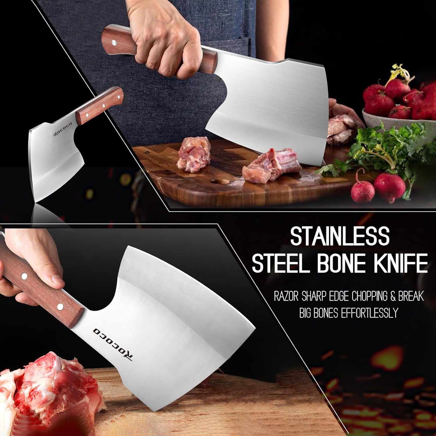 ROCOCO Meat Bone Cleaver Knife for Meat Cutting Heavy Duty Butcher Axes Hand Forged Full Tang Chopper for Kitchen Thanksgiving Christmas Gifts Idea Men Silver - Image 2