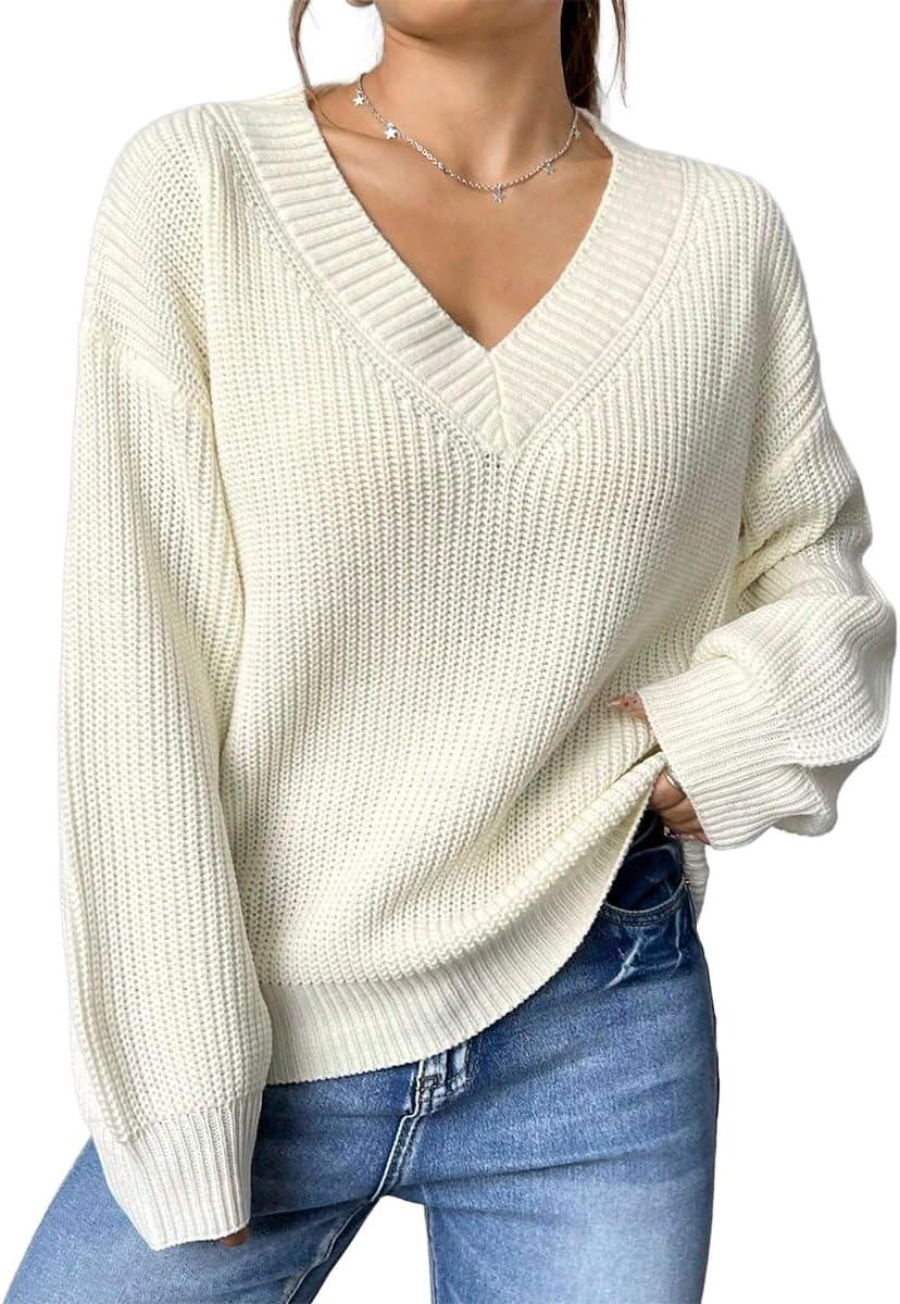 SKAYS Women's Casual V-Neck Sweater Drop Shoulder Long Sleeve Solid Color Knit Pullover