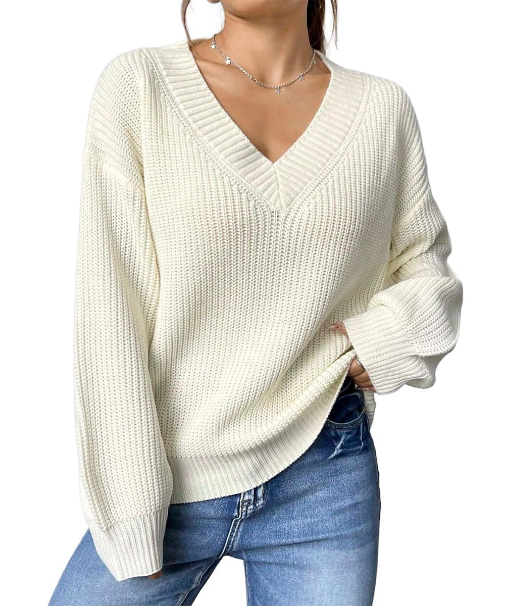 SKAYS Womens Casual V-Neck Sweater Drop Shoulder Long Sleeve Solid Color Knit Pullover