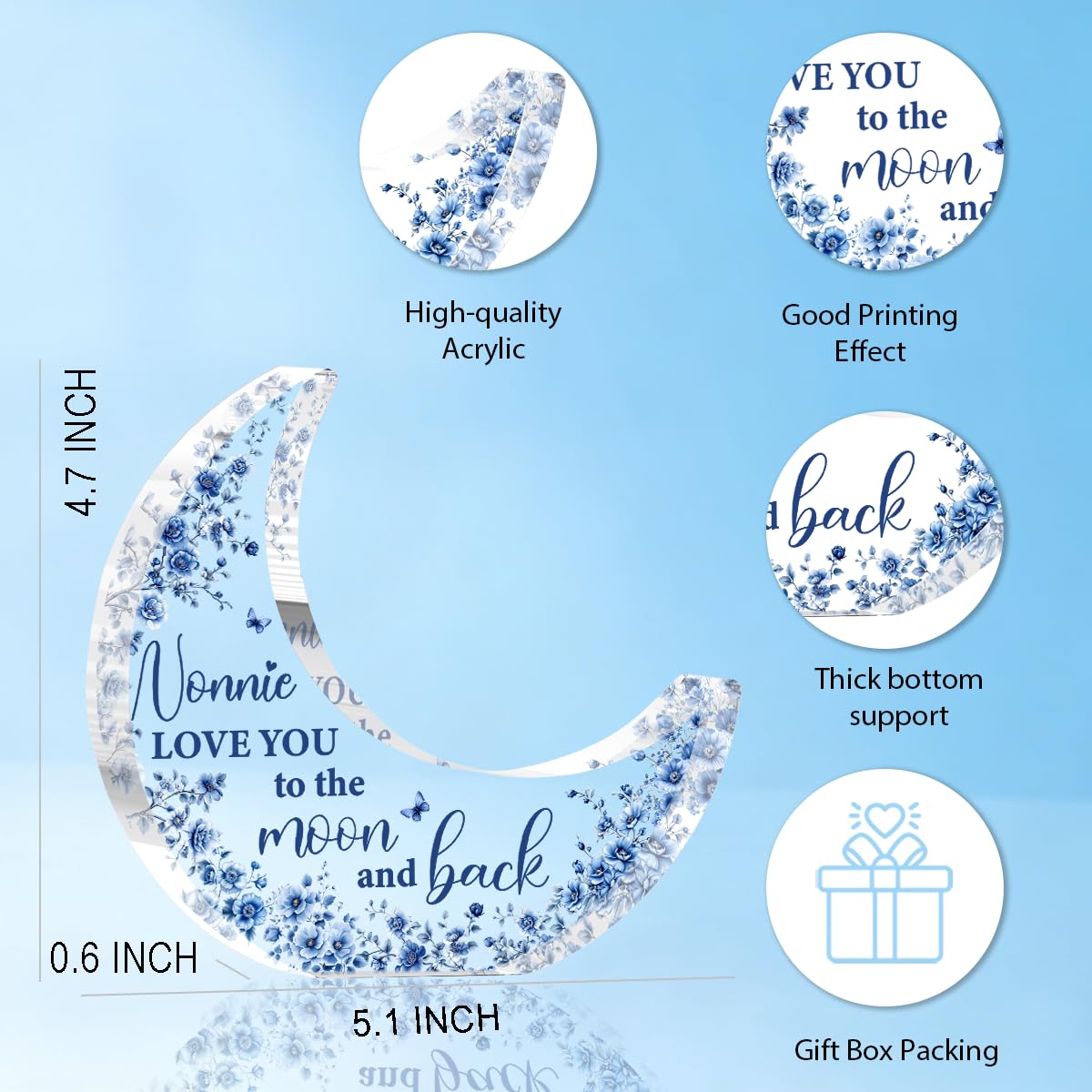 Nonnie Gifts, Mothers Day Birthday Gifts for Grandma, Moon Acrylic Desk Decorations, Retirement Appreciation Gift for Women Granny Nana, Blue Floral Acrylic Plaque for Office Bedroom Decor