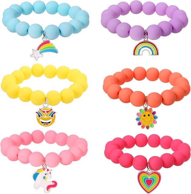 PinkSheep Rainbow Bracelets for Girls, Unicorn Heart Smiley Rubber Bracelets for Little Girls Birthday Party Favor, 6 Pieces