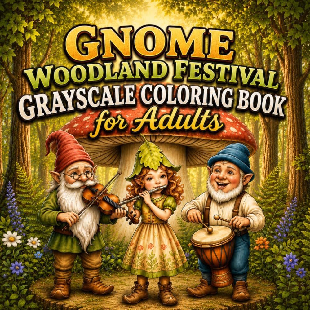 Gnome Grayscale Coloring Book for Adults: 40 Enchanting Grayscale Scenes of Woodland Celebrations, Cozy Gnomes, and Magical Forest Festivities (Cozy Gnome Village Coloring Collection)