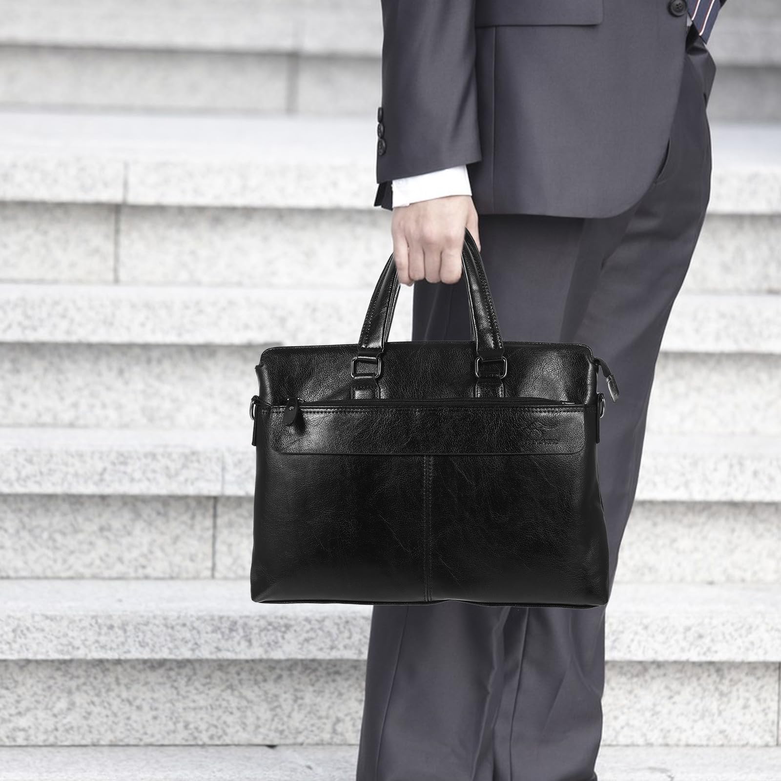 Alipis Aktentasche Schwarze Umhängetasche Herren Business Handtasche Pu Leder mit Doppeltem Griff und Durchdachtem Innenraum für Outdoor und Bürogebrauch