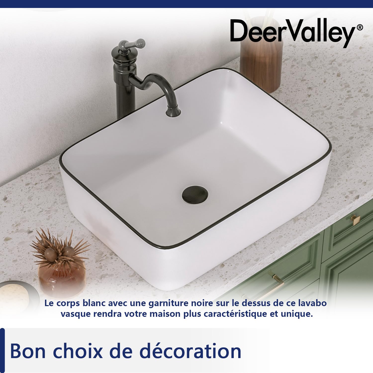 Vasque à Poser Salle de Bain DeerValley Rectangulaire Au-dessus du Comptoir Corps, Vasque a Poser Salle de Bain, Blanc Bordure Noire Lavabo Salle de Bain 475mm*375mm