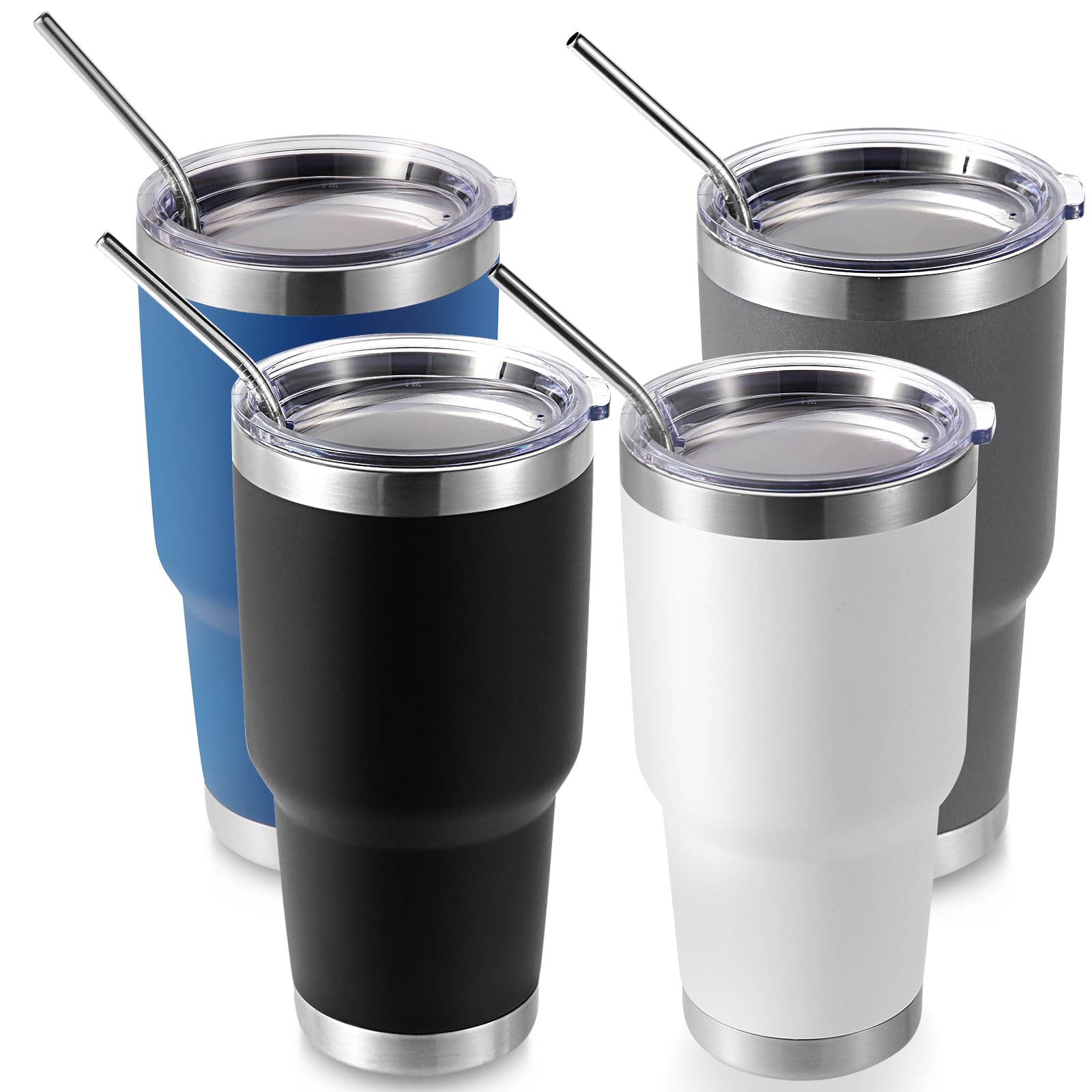 Volhoply 900 ml, kubek termiczny z pokrywką i słomką, 4 sztuki, z podwójnymi ściankami, do gorących i zimnych napojów, pasuje do uchwytu na kubki samochodowe, nie zawiera BPA (miks, 4 szt