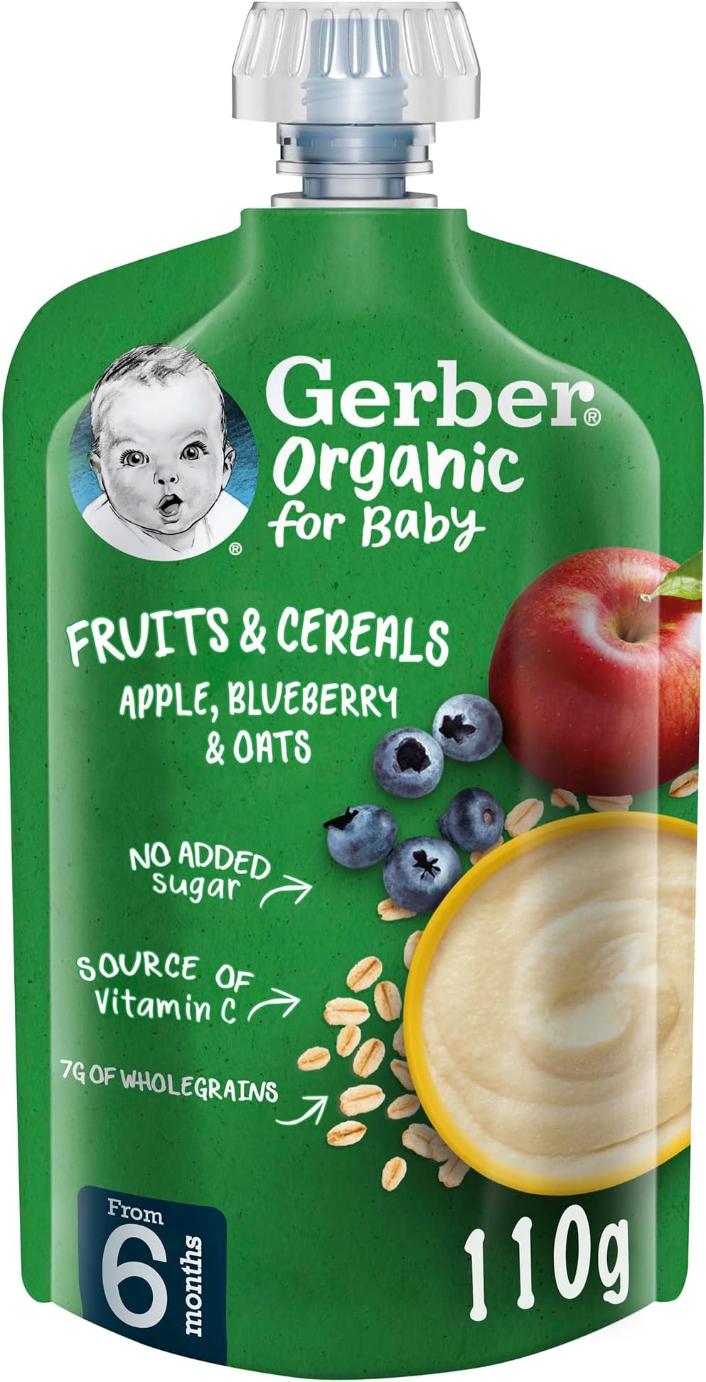 Gerber Organic Baby Food Puree Pouch Apple, Blueberry & Oats, Source of Vitamin C, No added sugar, No artificial flavors, No preservatives, 110g (6m+)