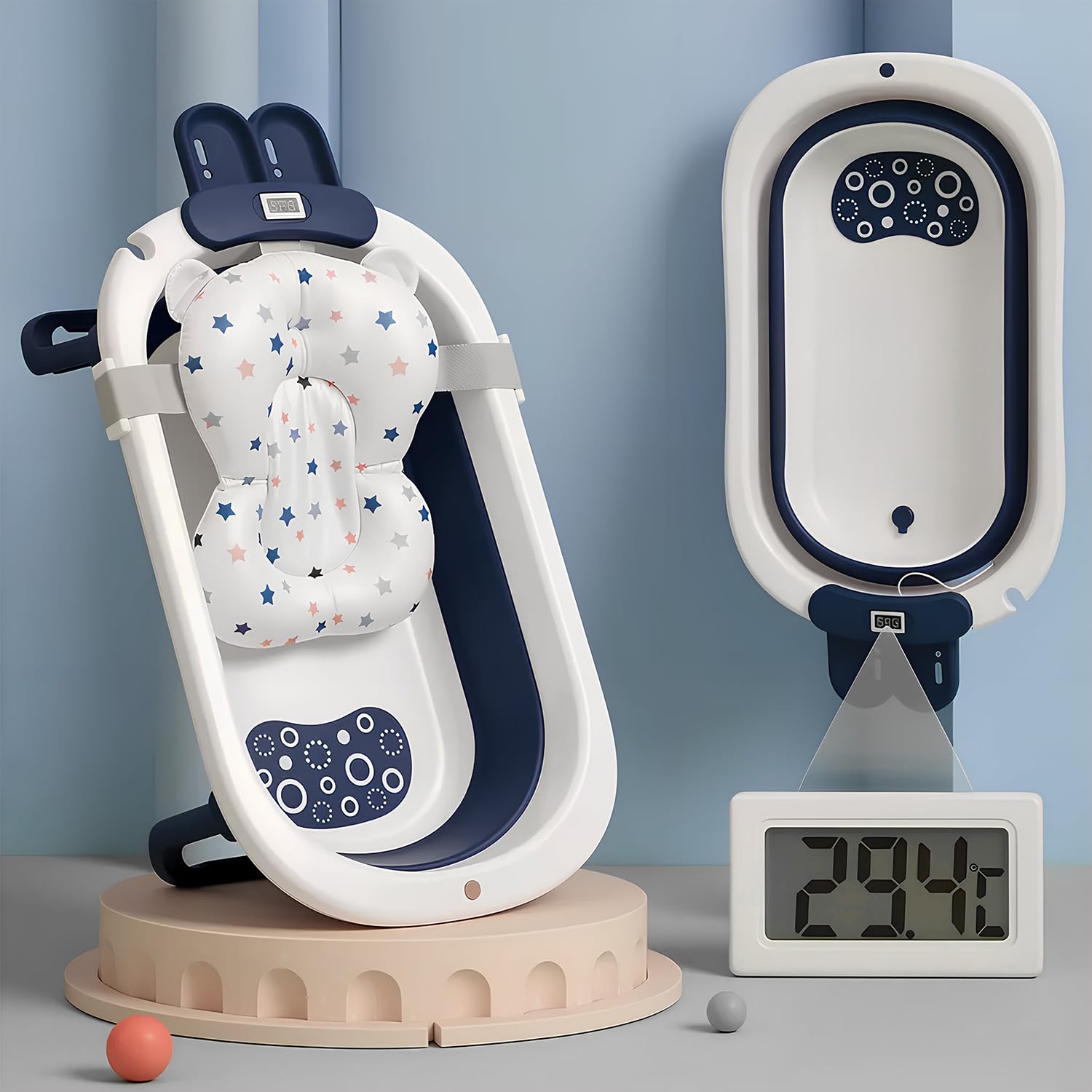 StarAndDaisy Bath Tub for Baby 0-3 Years / New Born Baby Foldable Bathtub with Bathing Bather Cushion Chair, Real Time Digital Temperature Sensing Fast Drainage, Space Saving, Bath Tub for Kids Girls & Boys. (White-Blue)-image-38