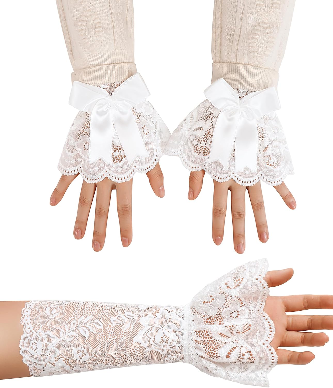 Avidlove Women Ruffle Bow Lace Gloves Fingerless Mid Elbow Sleeve Costume Wedding Opera Tea Party Prom Cosplay Gothic