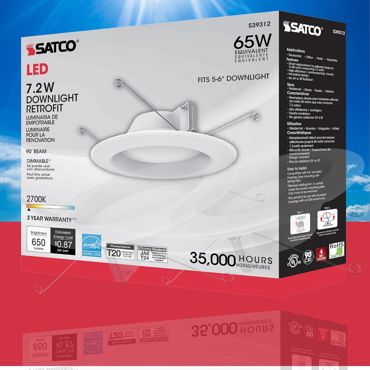 Satco S39312, 7.2 Watt LED Downlight Retrofit; 5-6 Inches; (2 LED Light Fixtures)