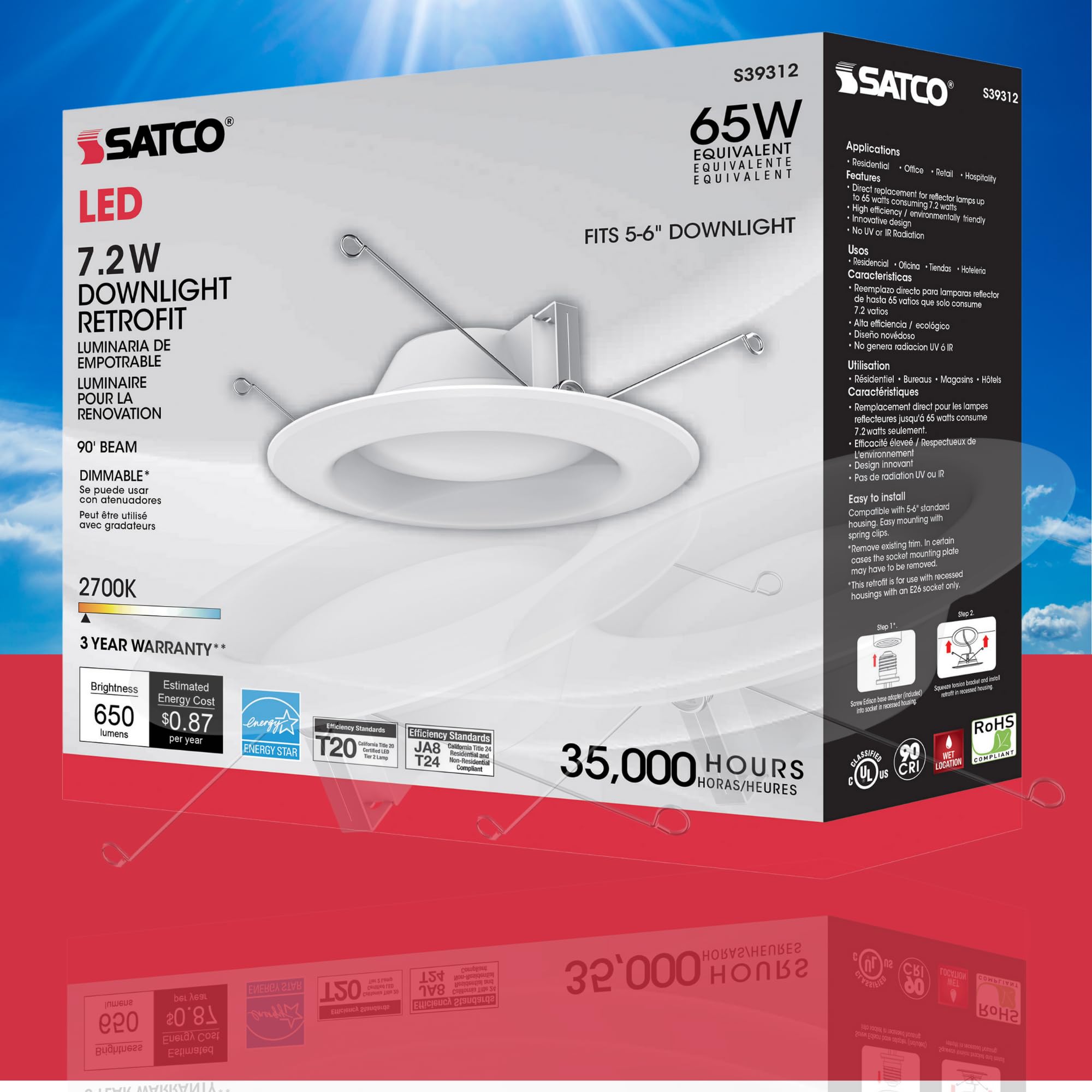 Satco S39312, 7.2 Watt LED Downlight Retrofit; 5-6 Inches; (2 LED Light Fixtures)